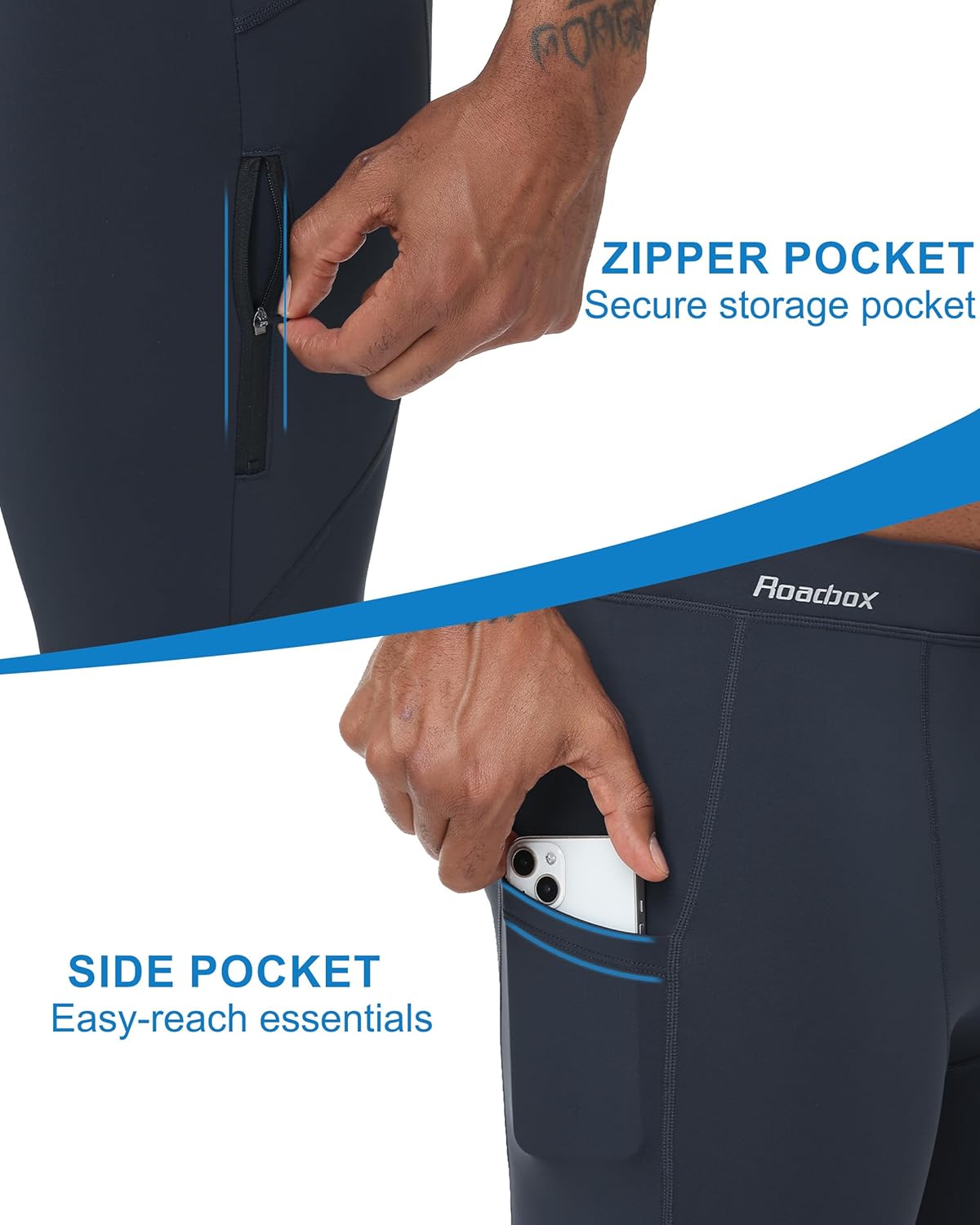 Roadbox Mens Thermal Cycling Pants, Fleece Lined Running Tights Zipper Pockets, Winter Water Resistant Compression Leggings - Image 3