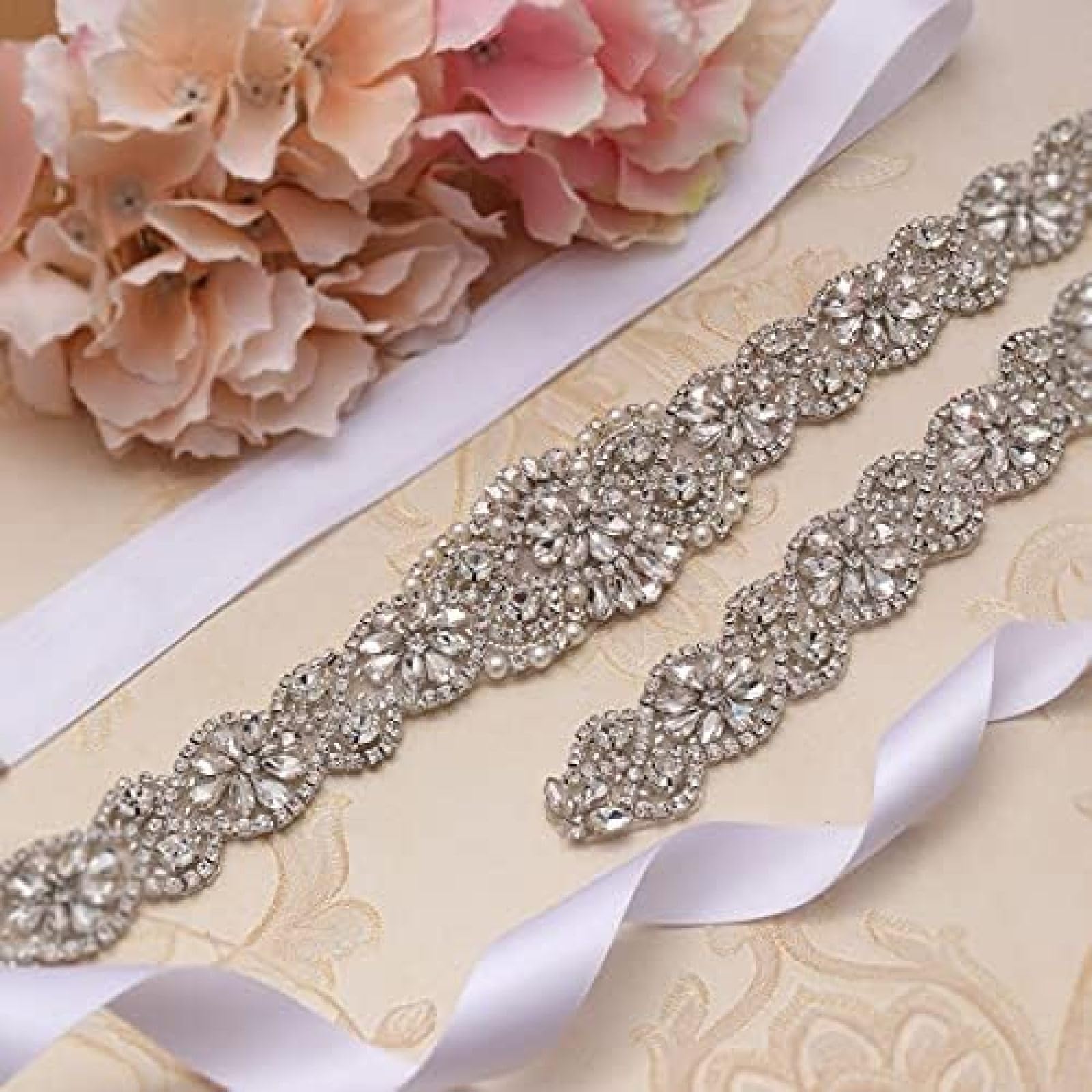 35,5 Zoll Langer Hochzeitsgürtel Silber Strass Braut Schärpe Perlen Brautkleid Gürtel für Hochzeitsaccessoires -,Weißer Organza