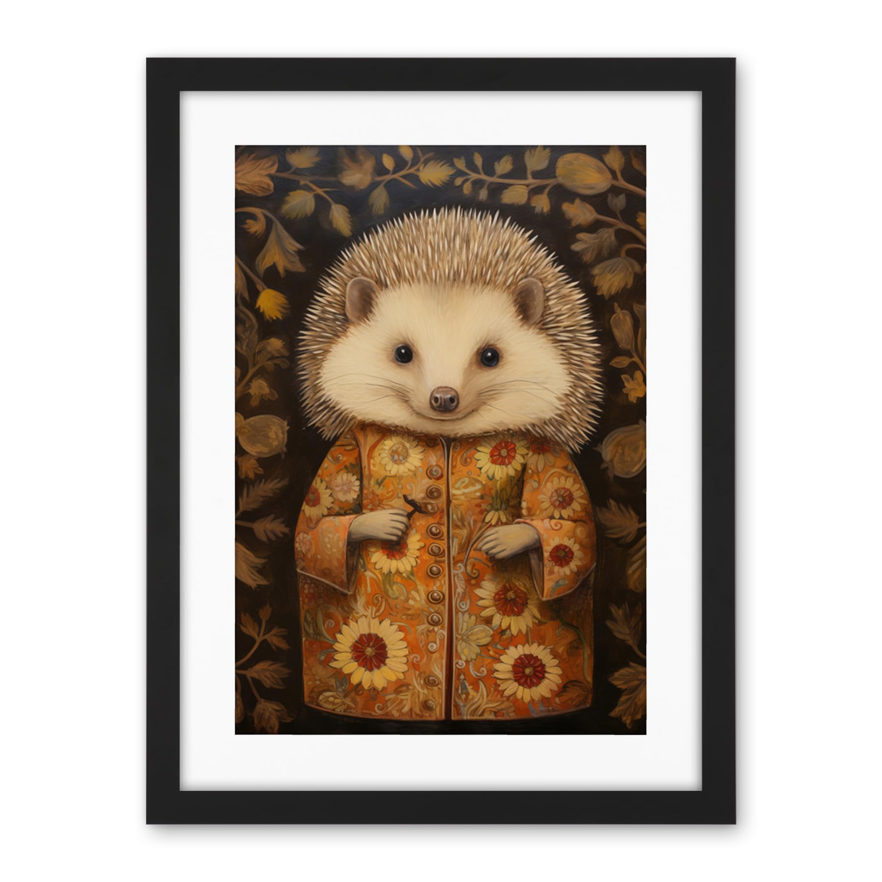 Artery8 Autumn Hedgehog in Sunflower Robe Modern Artwork Framed Wall Art Print 18X24 Inch