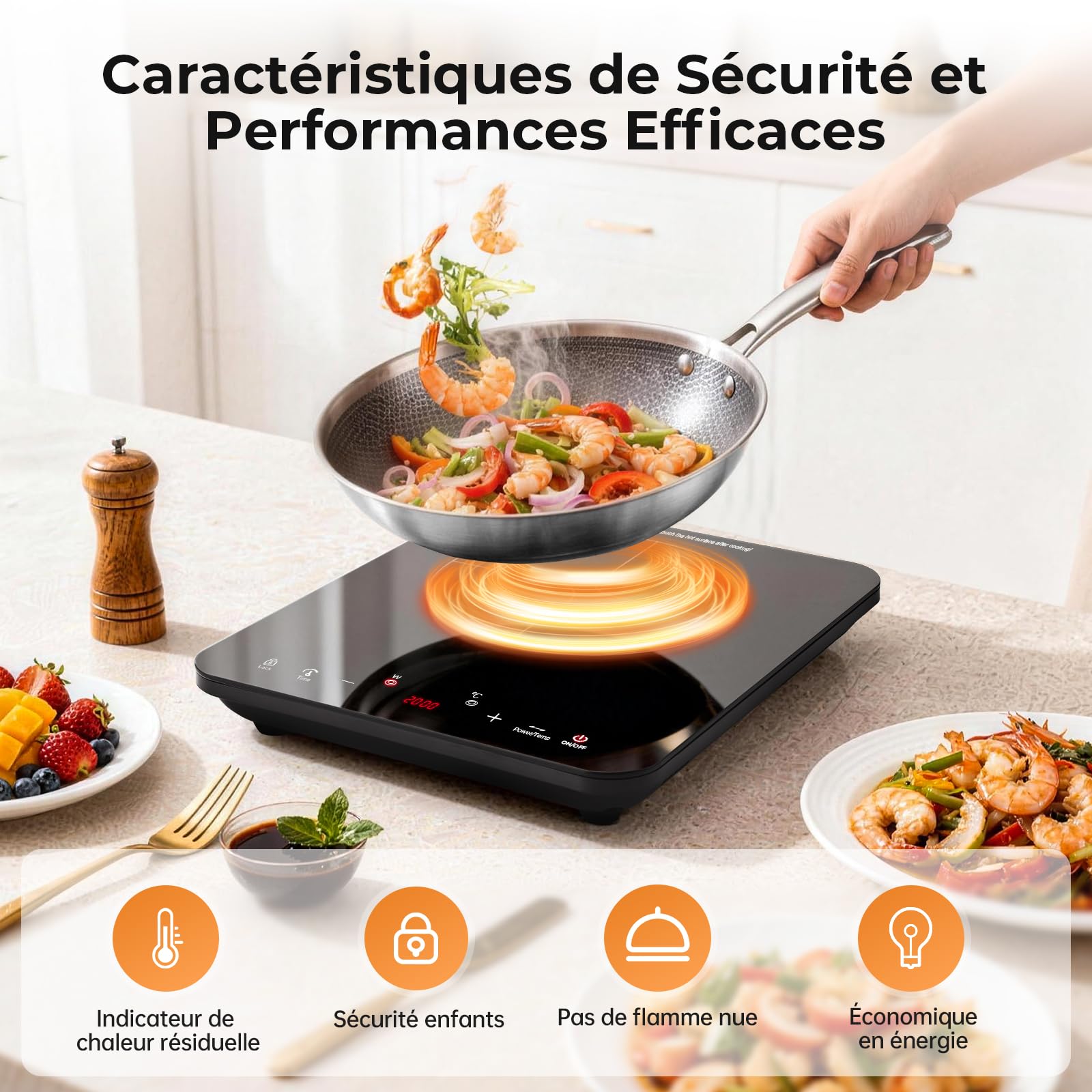 Plaque Induction 1 Feu 2000W, Plaque de Cuisson Electrique Portable, Tables de Cuisson Induction, 10 Niveaux de Puissance, Commande Tactile, Verrouillage Enfant