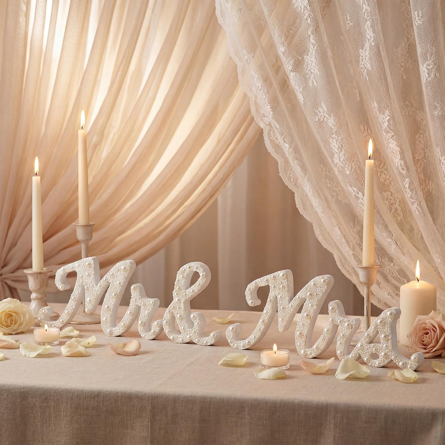 Wenqik Mr and Mrs Sign Wedding Table Decorations 6.3 Inch White Floral Wooden Freestanding Letters for Cake Table Bridal Shop Photo Props Rustic Anniversary Wedding Shower Gift