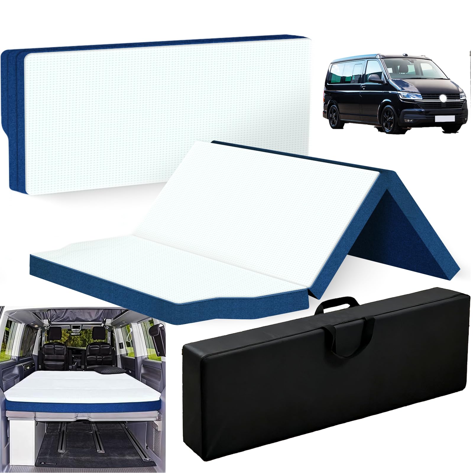 Matelas de véhicule Pliable épais et Respirant, Compatible avec VW T32 T4 T5 T6 T6.1 T7 Multivan California Beach Caravelle et Transporter 186 * 148 * 8 cm, Accessoires de Camping-Car