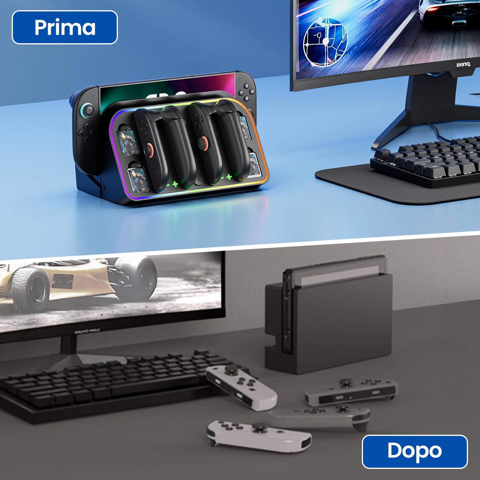 MANKIW Stazione Ricarica Per Nintendo Switch 2, Caricatore 4 In 1 Per 2 Controller Joy-Con Con LED Indicatori & Luci RGB, Dock TV, Ricarica Da Parete
