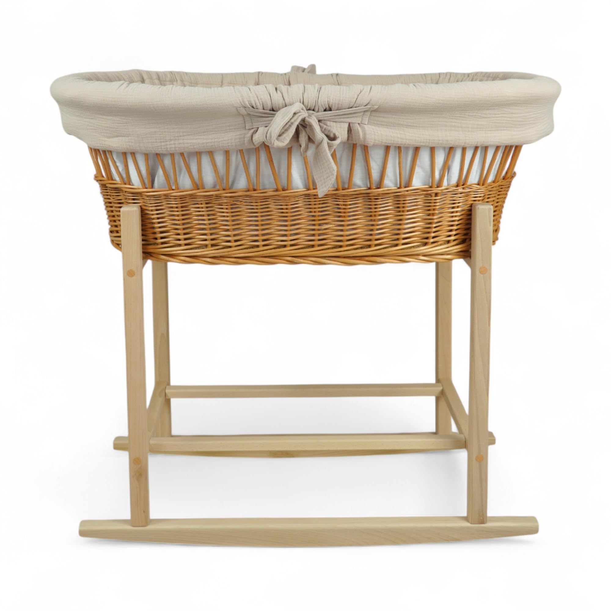 Wiklinopol Couffin Bébé OLIWIA II – Berceau en Osier avec Support en Bois – Ensemble Complet avec Matelas & Linge en Mousseline Beige, Respirant, Lavable & hypoallergénique