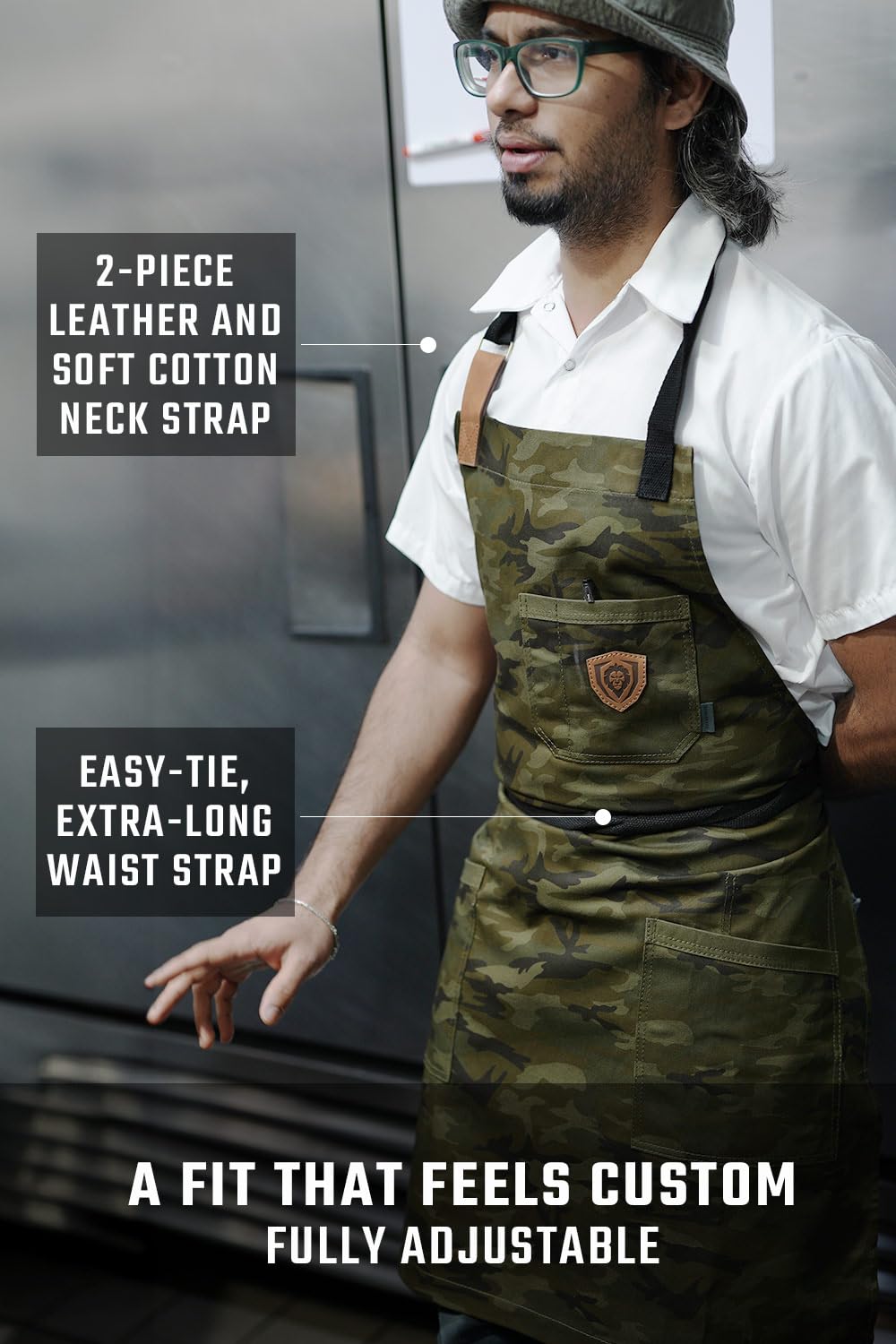 DALSTRONG Professionelle Kochschürze - mit 4 Taschen - wasserabweisend - Details aus echtem Leder - verstellbare Gurte - 100% Poly-Baumwolle Camouflage Muster