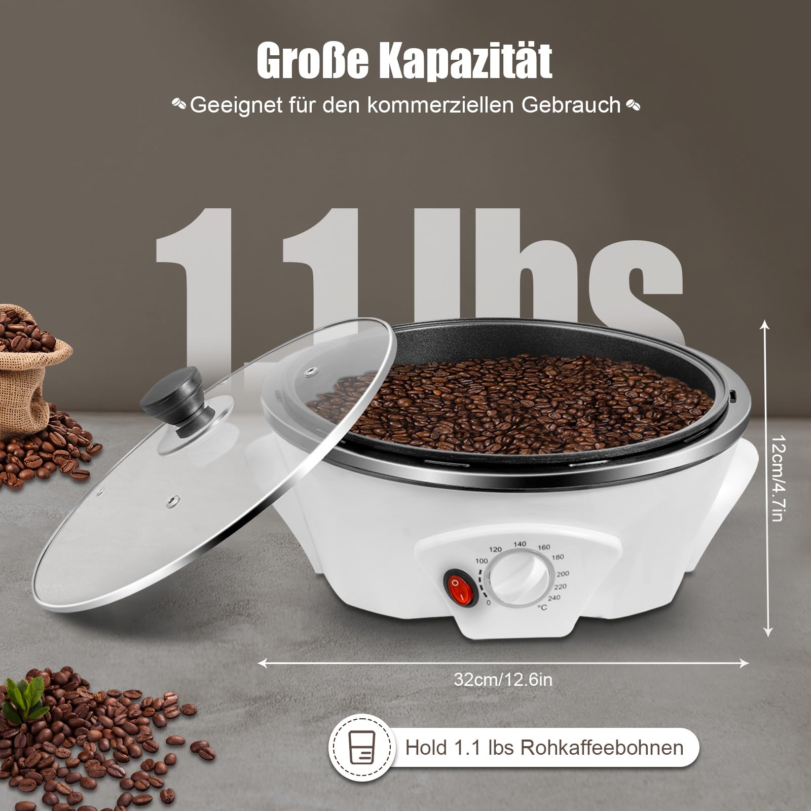 1200w Elektrische Kaffeeröster, Röstmaschine Bohnenröster MAX 1500g mit Einstellbare Temperatur, Kaffeeröstmaschine für Cafés, Familien, Vereine