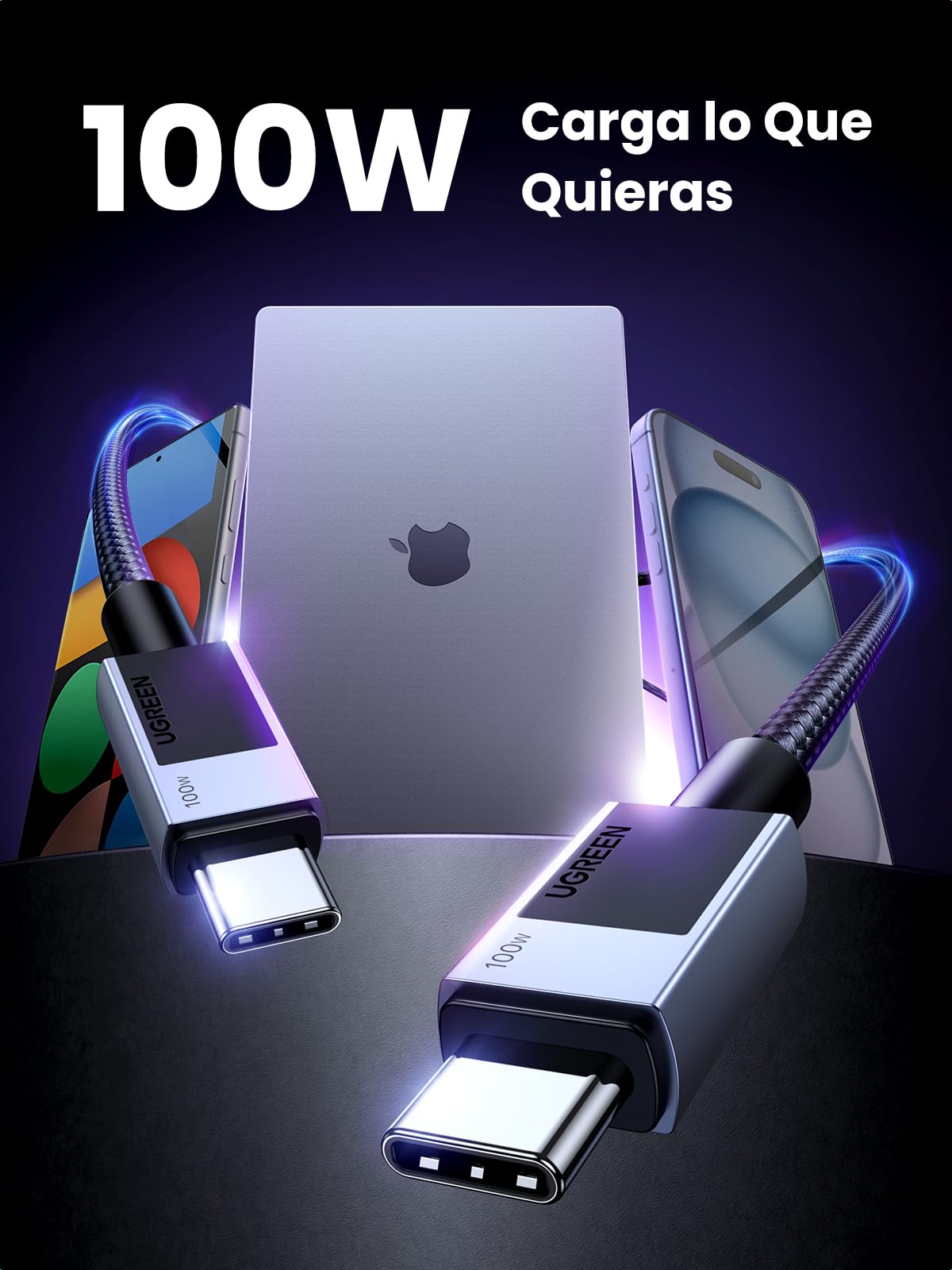 UGREEN 100W Cable USB C Carga Rápida PD 3.0, Tipo C 20V 5A con Carcasa de Aluminio Trenzado Nylon, Compatible con MacBook Air, iPad, iPhone 17 Pro Max Air/16/15, Galaxy S26 S25, Pixel 10/9.1M