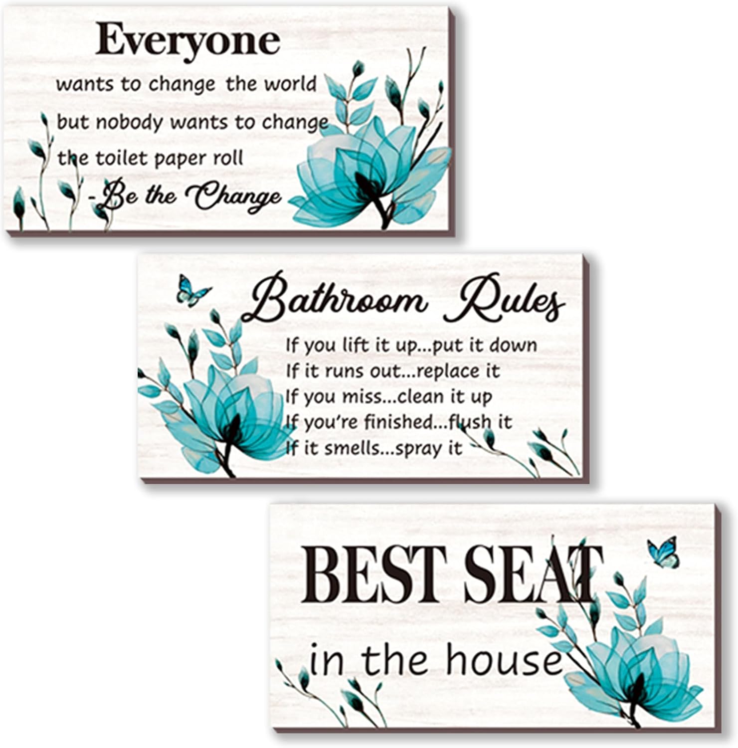 DONFENTHY 3-Piece Teal Bathroom Decor - Turquoise Flower Bathroom Rules Signs: 'Best Seat in The House' Rustic Farmhouse Wooden Signs (Teal, 10x5 Inch)
