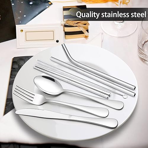 Miniatura 6 de LIANYU Juego de utensilios de viaje portátiles de 8 piezas con estuche gris, cubiertos reutilizables de acero inoxidable con palillos y pajitas