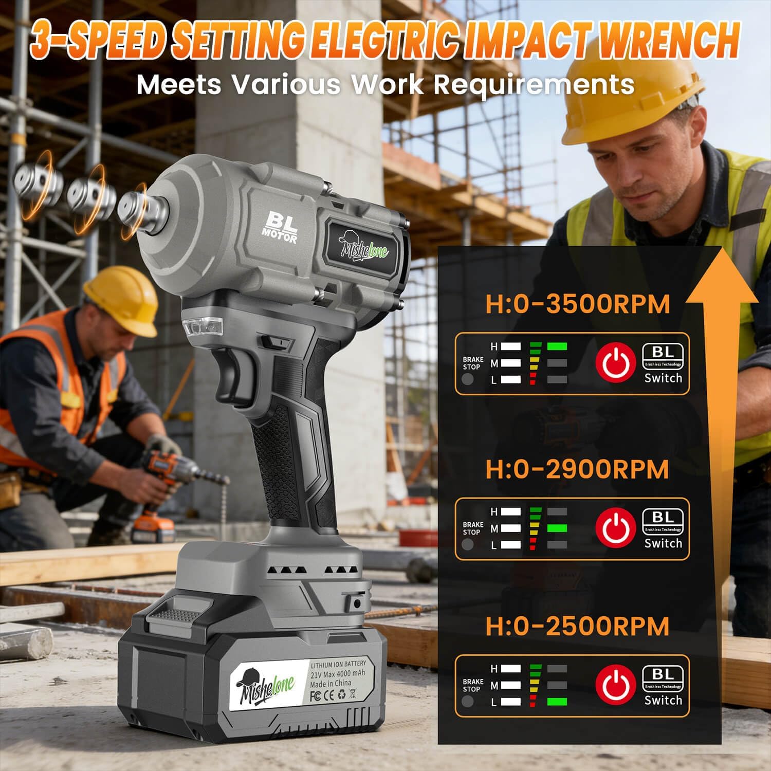1/2 Cordless Impact Wrench, pistola de impacto 1/2, 21V Brushless 1500N.m/1106ft-lbs High Torque Impact Wrench, Dual 4.0Ah Battery Powered Impact Wrench with 5 Sockets, for Car Tire/Lug Nuts
