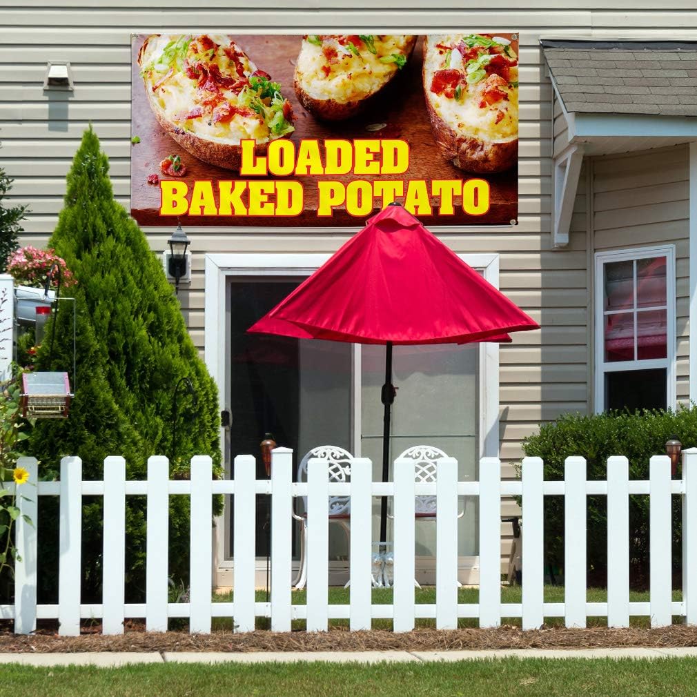 Vinyl Banner Multiple Sizes Loaded Baked Potato Restaurant Cafe Bar B Business Outdoor Weatherproof Industrial Yard Signs Brown 4 Grommets 24x36Inches