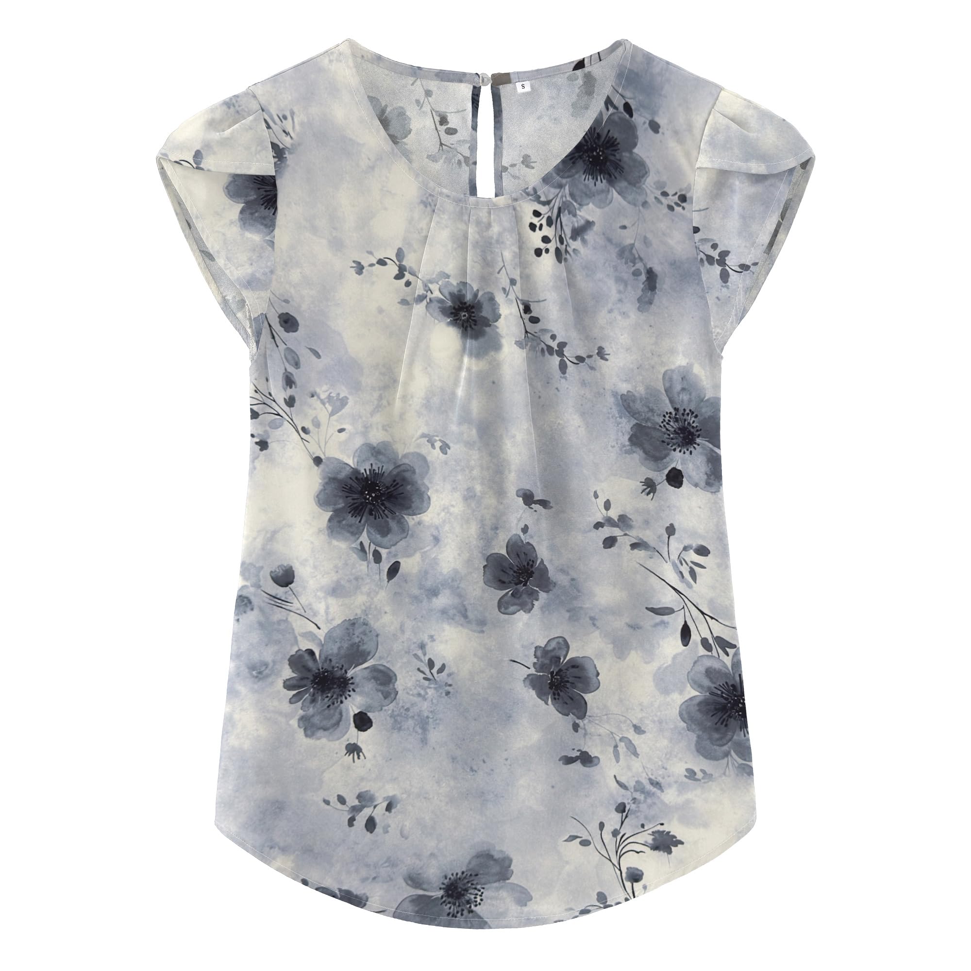 TASAMO Woman Shirts Basic Chiffon Round Neck Keyhole Back Pleated Casual Cap Sleeves Tee
