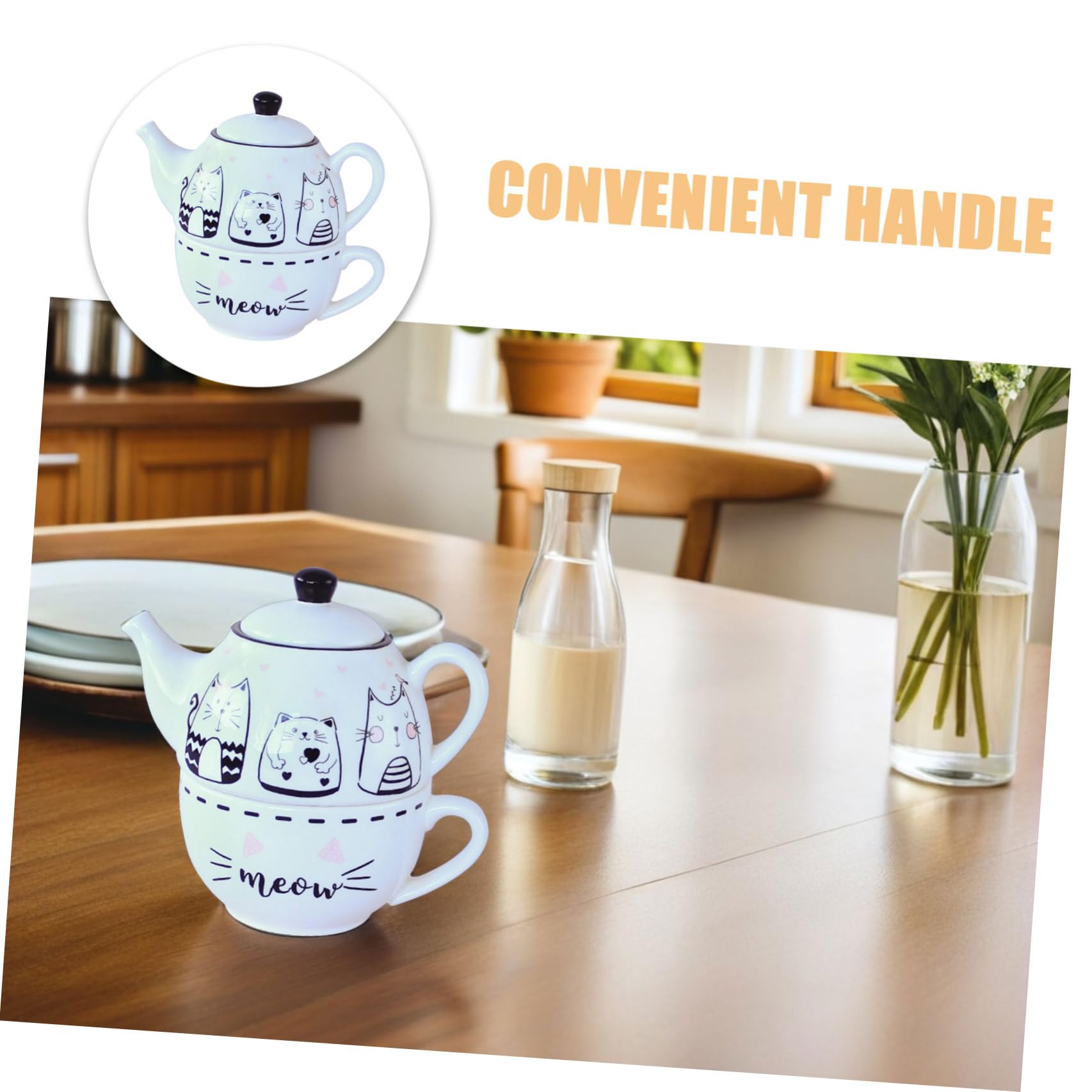 Service à Thé Théière-tasse Chat en Céramique, 1 Set Blanc