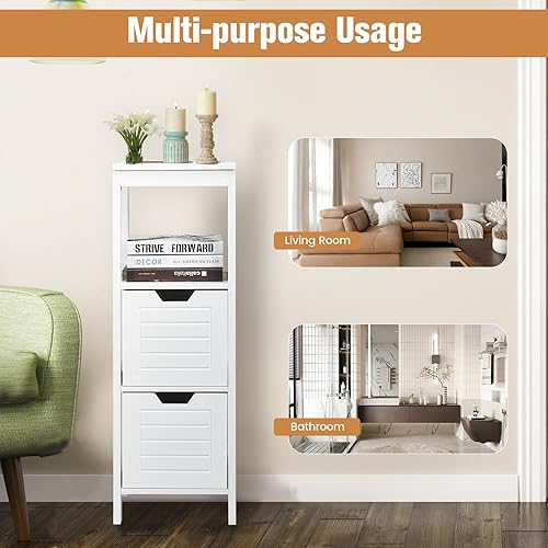 Miniatura 8 de GLACER Armario de suelo de baño, armario de almacenamiento lateral de madera con dos cajones extraíbles para almacenamiento flexible, adecuado para