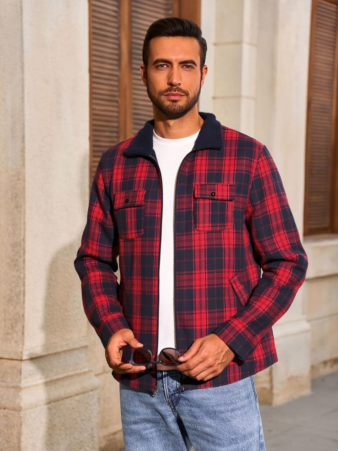 Yousify Mens Sherpa Lined Shirt Jacket Casual Long Sleeve Plaid Shacket Flannel Fleece Full Zip Jacket - Image 2