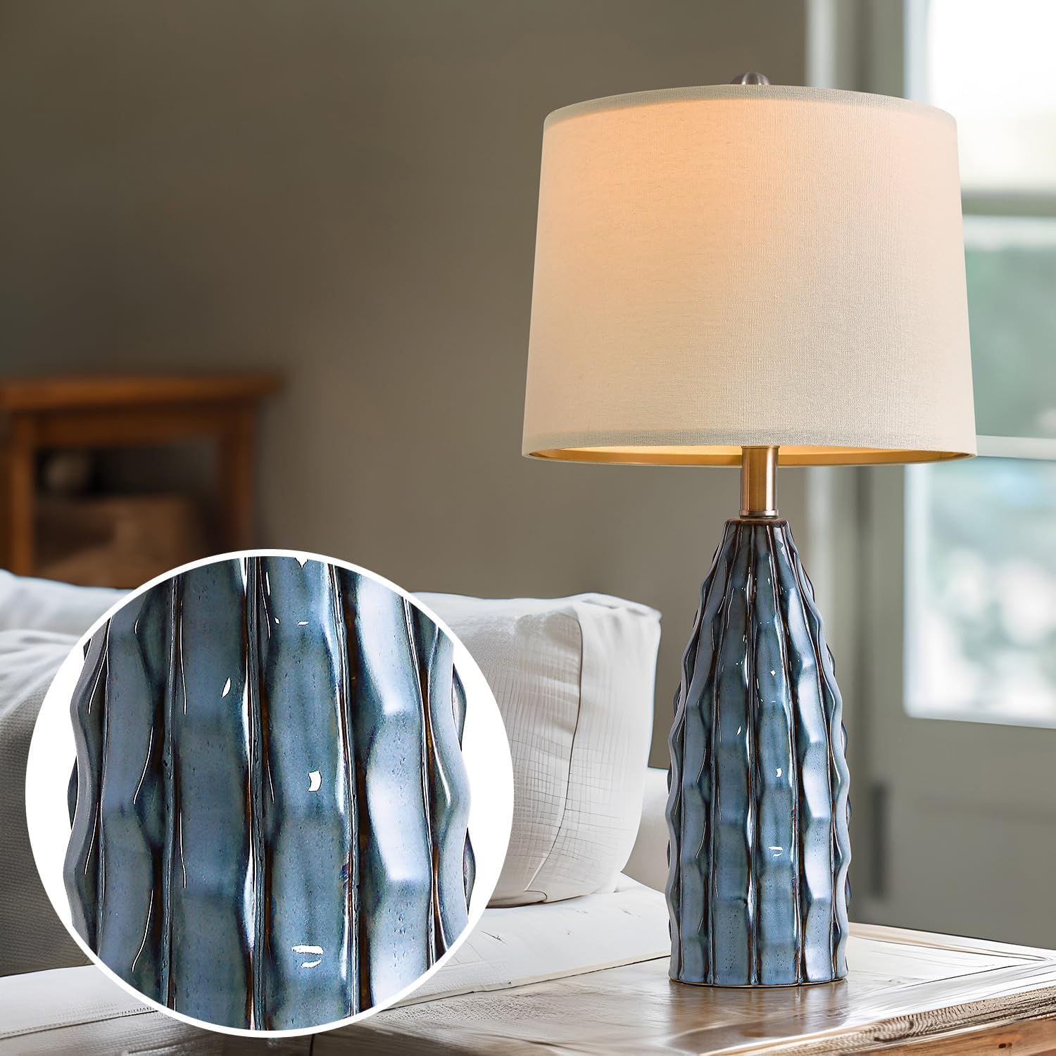 Ceramic Table Lamps Set of 2, 23.75" Modern Farmhouse Bedside Lamp - Blue Nightstand Lamps for Bedroom, Boho Living Room End Tables, Small Office Desk Lamp Decor