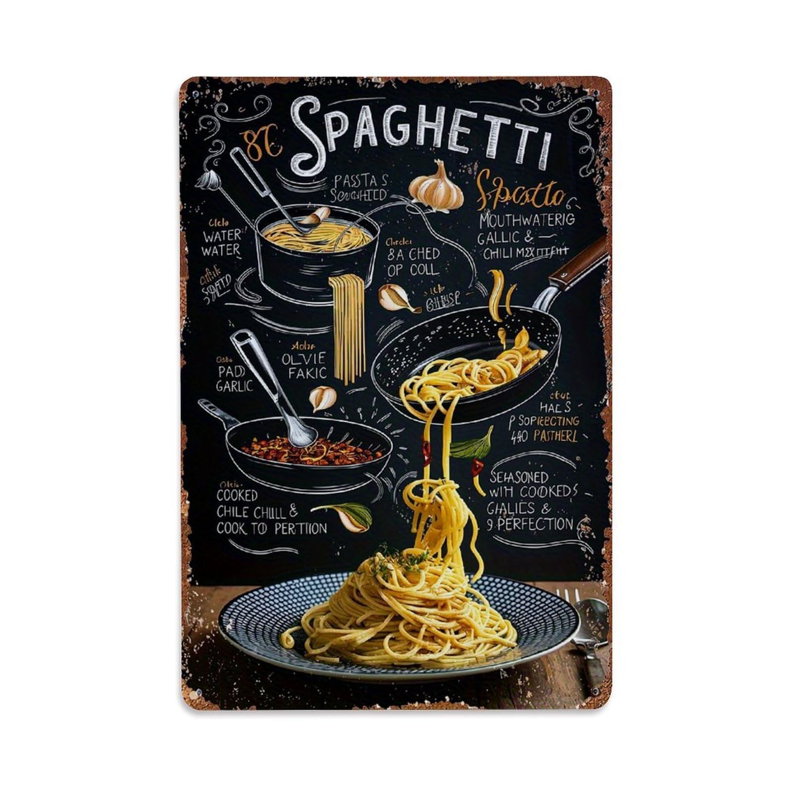 Jdfenggu Vintage Spaghetti Recipe Chalkboard Art Print Retro Metal Tin Sign, Metal Poster For Bar, Home, Man Cave, Kitchen, Laundry Room Art Decor 8X12 Inch