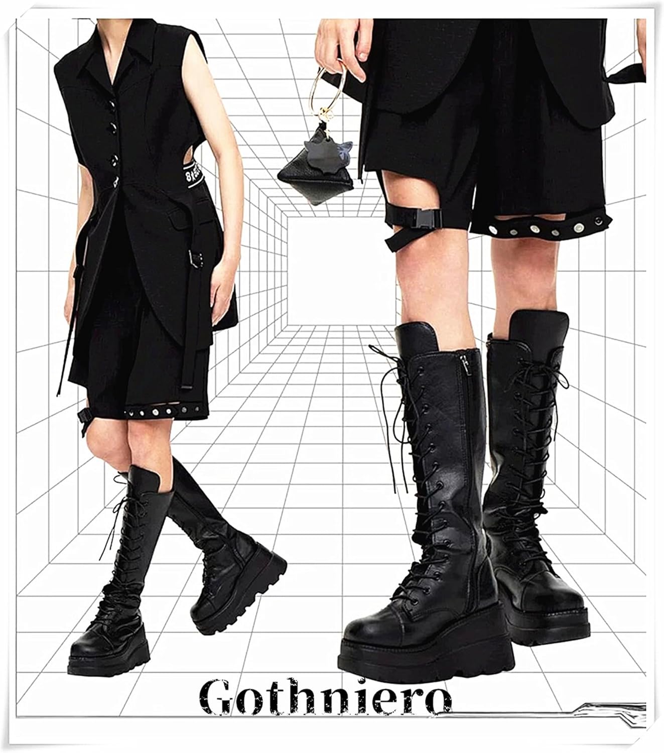 Gothniero Women Black Platform Goth Boots Mid Calf with Heel Knee High Boots Winter Chunky Heel Punk Rave Boots Girls Lace Up Combat Booties Size 5.5-11 - Image 2