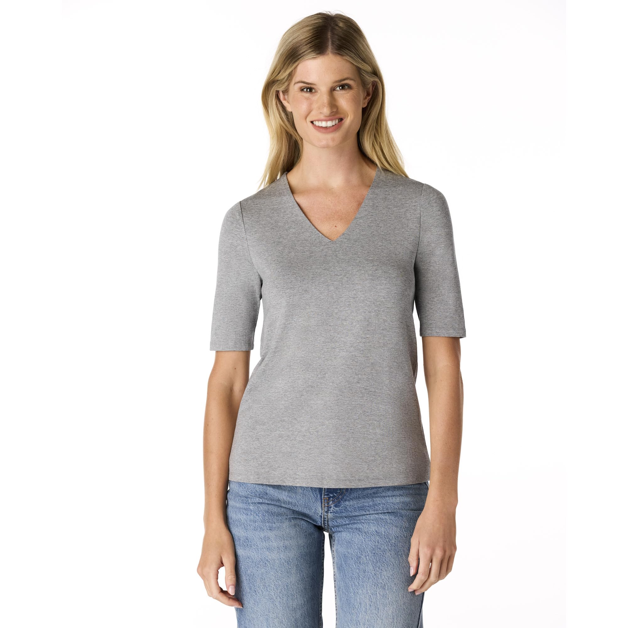 Cable & Gauge Women's Juliana Crepe V-Neck Top - Flattering Elbow-Length Sleeves, Soft Viscose Spandex Fabric, Casual Tee