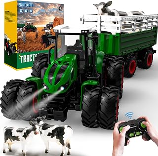 Zdalnie sterowany traktor RC z przyczepą, zabawka traktor dla dzieci w wieku 3 4 5 6 lat, ciągnik rolniczy ze światłem i dźwiękiem, idealny na prezent dla dzieci w wieku 3 4 5 6 lat