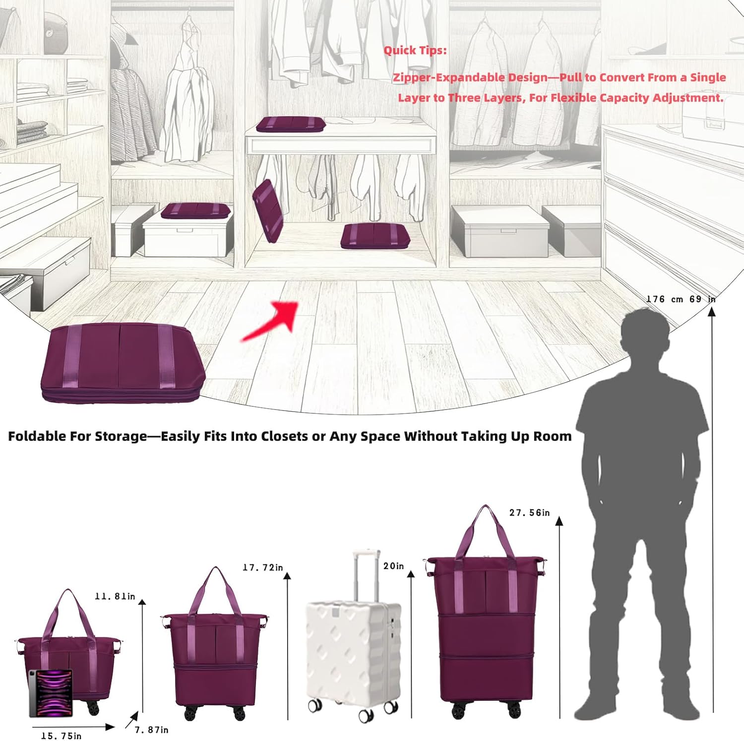 Travel Rolling Duffel Bag with Removable Wheels,Expandable Foldable Carry-On Luggage for Trip or Hospitalization