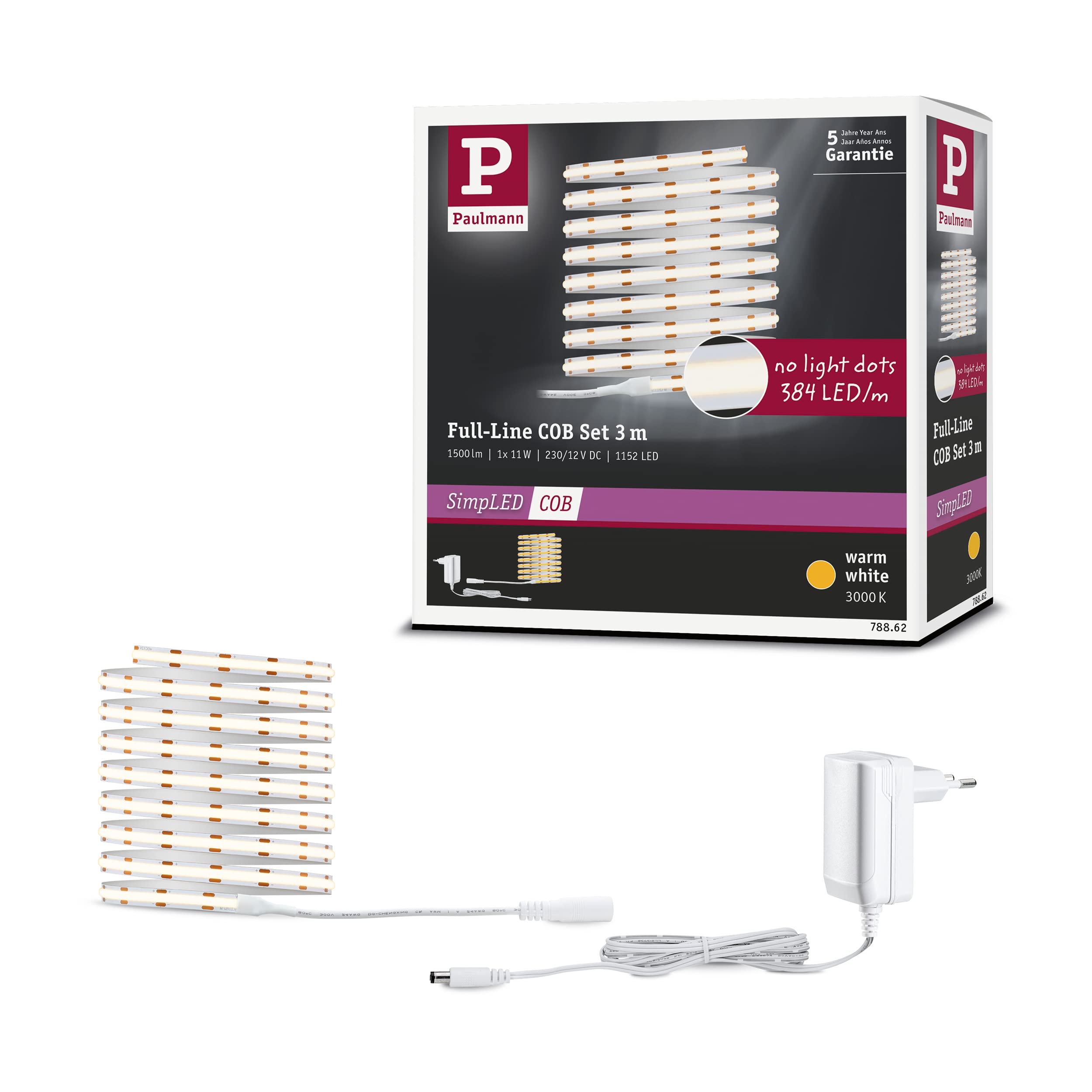 Paulmann 78862 SimpLED COB LED-Strip Komplettset, 3 m, 11 W, 1500 lm, 384 LEDs/m, 3000 K, Weiß/Metall