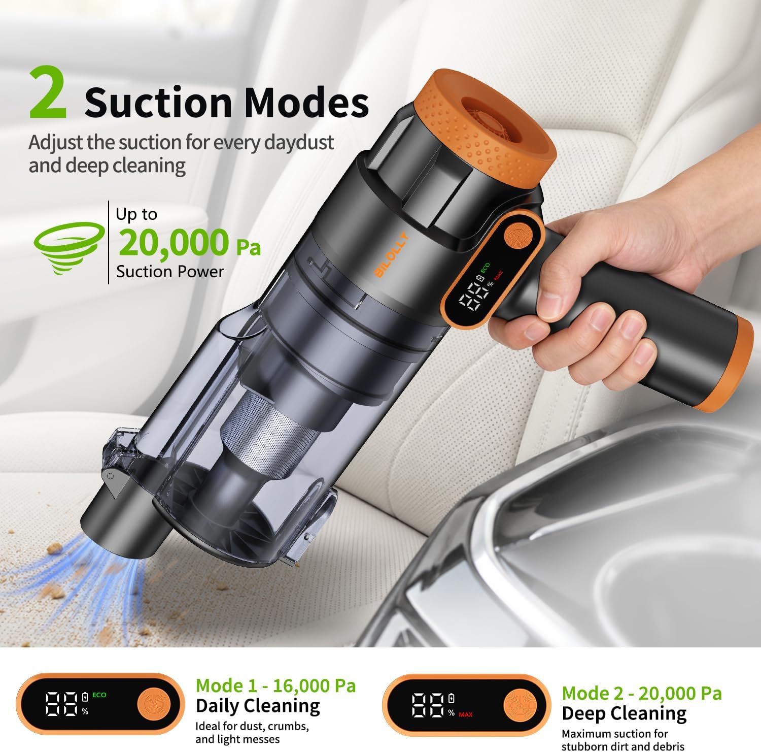 BiLOLLY Handheld Vacuum Cordless, 20000Pa Portable Car Vacuum Cleaner & Air Duster, 2-in-1 Vacuum and Blower, 0.4L Dust Cup, Rechargeable Mini Vacuum for Car, Home, Office, Pet Hair image 4