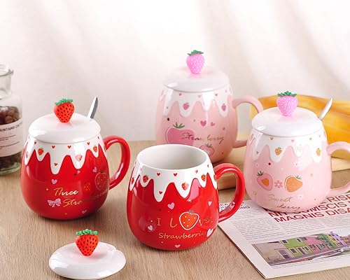 Miniatura 7 de WHJY Taza de café femenina, taza de desayuno de cerámica coreana de fresa con tapa y cuchara - 15.2 fl oz15oz, rojo B
