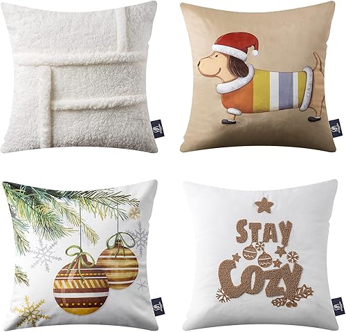 Phantoscope Paquete de 4 fundas de almohada decorativas de sherpa suave y terciopelo con estampado de cachorro de Feliz Navidad, fundas de cojín