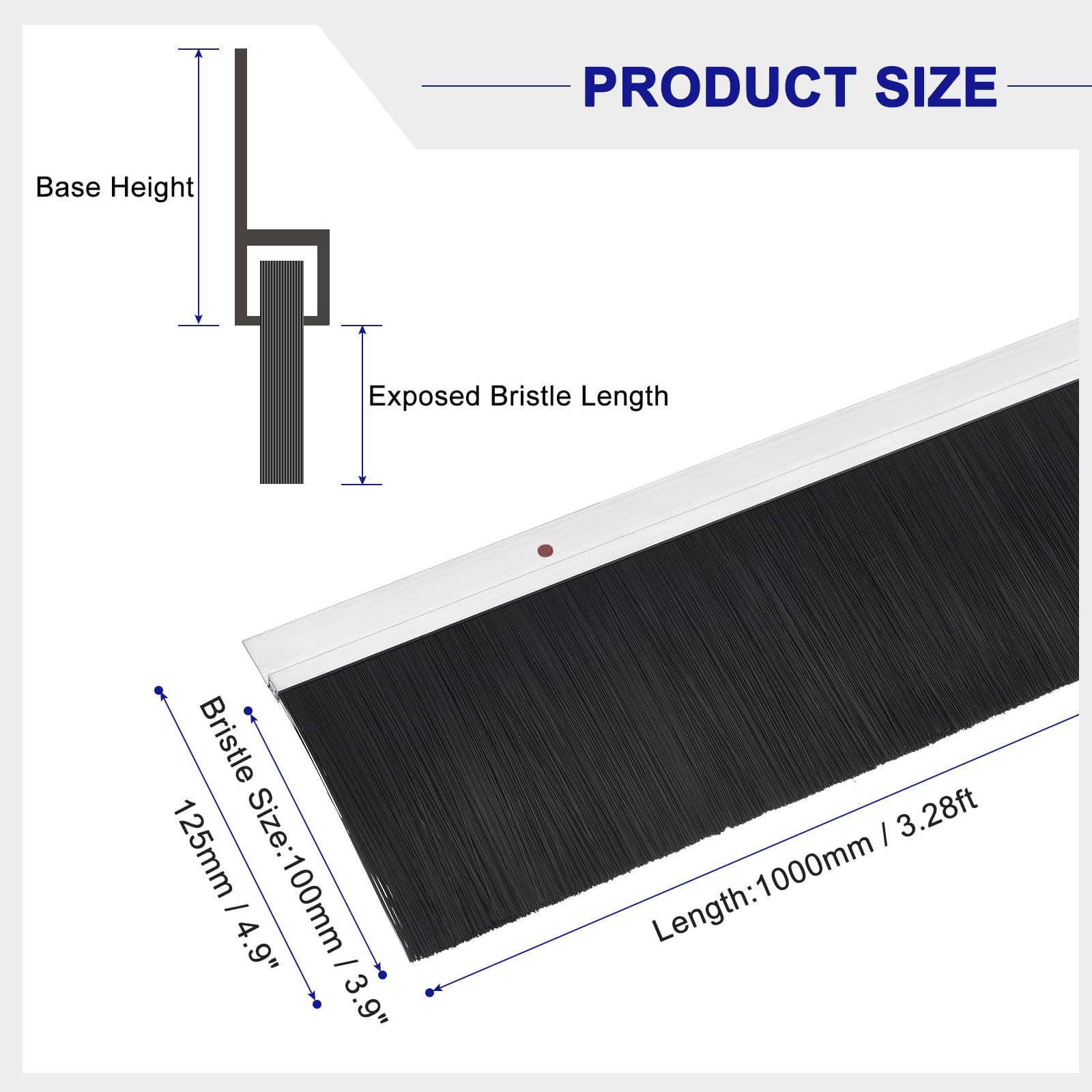 sourcing map 2Pcs Cepillo de Puerta con Base de Aleación de Aluminio en Forma de H y Cerdas de Nylon de 100mm para Hogar, Industrial (1000mm L x 125mm W, Plata)