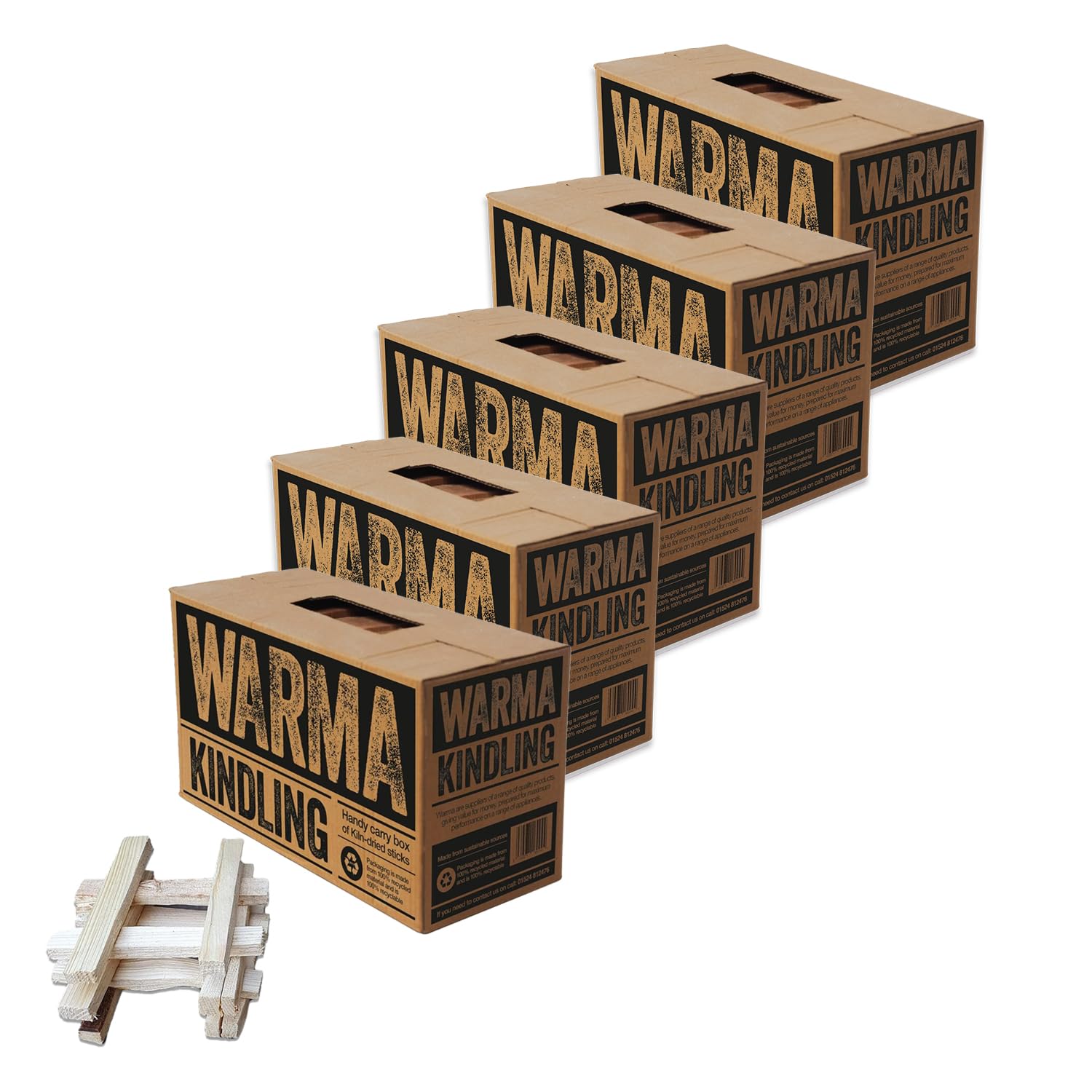Warma Premium Kindling Sticks Kiln Dried Wood Box Recycled Packaging - Sustainably Sourced - For BBQs Barbeque Open Fire Pits Stove Pizza Ovens Wood Burners Fireplaces Chimeneas - 5 x Large Boxes