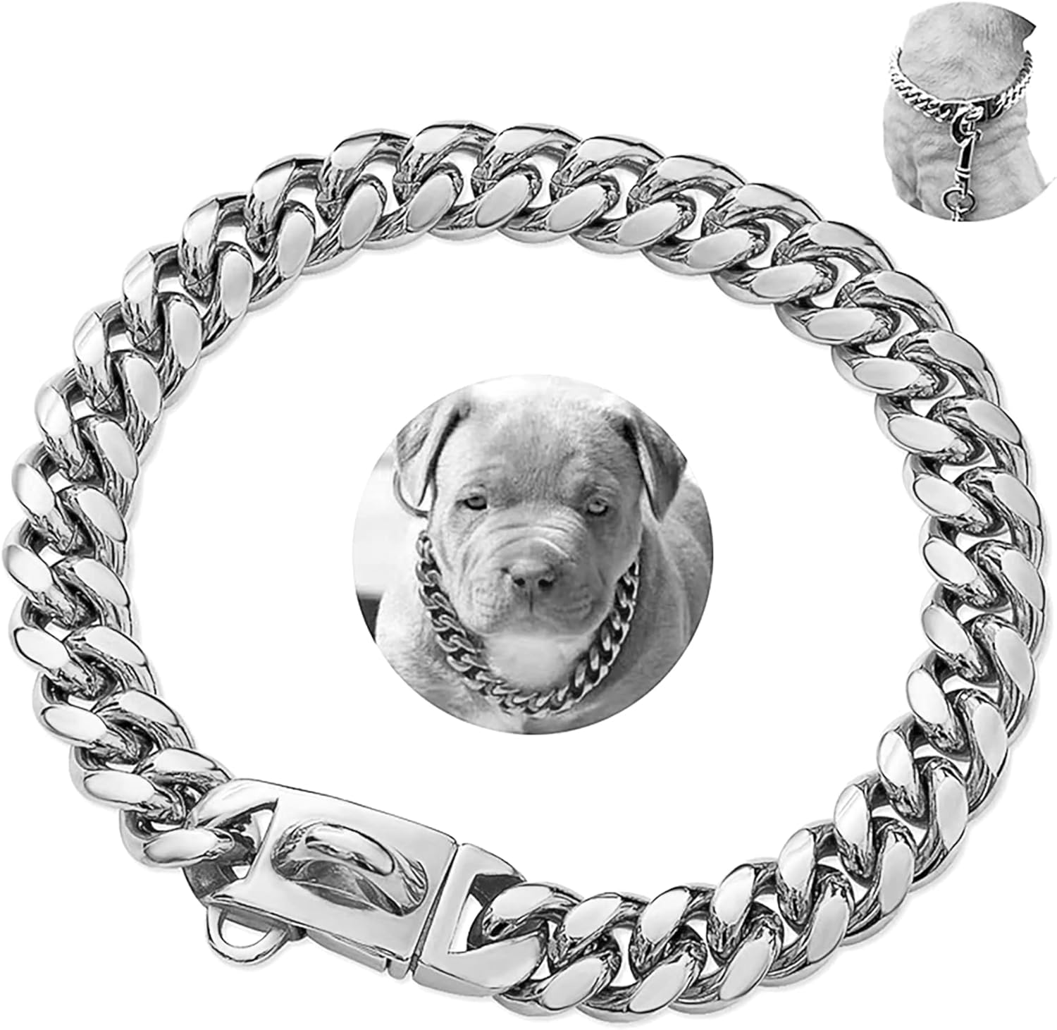 BAOBOTE Gold Dog Chain Collar Walking Metal Chain Collar with Design Secure Buckle,14MM Heavy Duty Cuban Link Chain Training Collar for Small Medium Large Dogs(22" Silver)