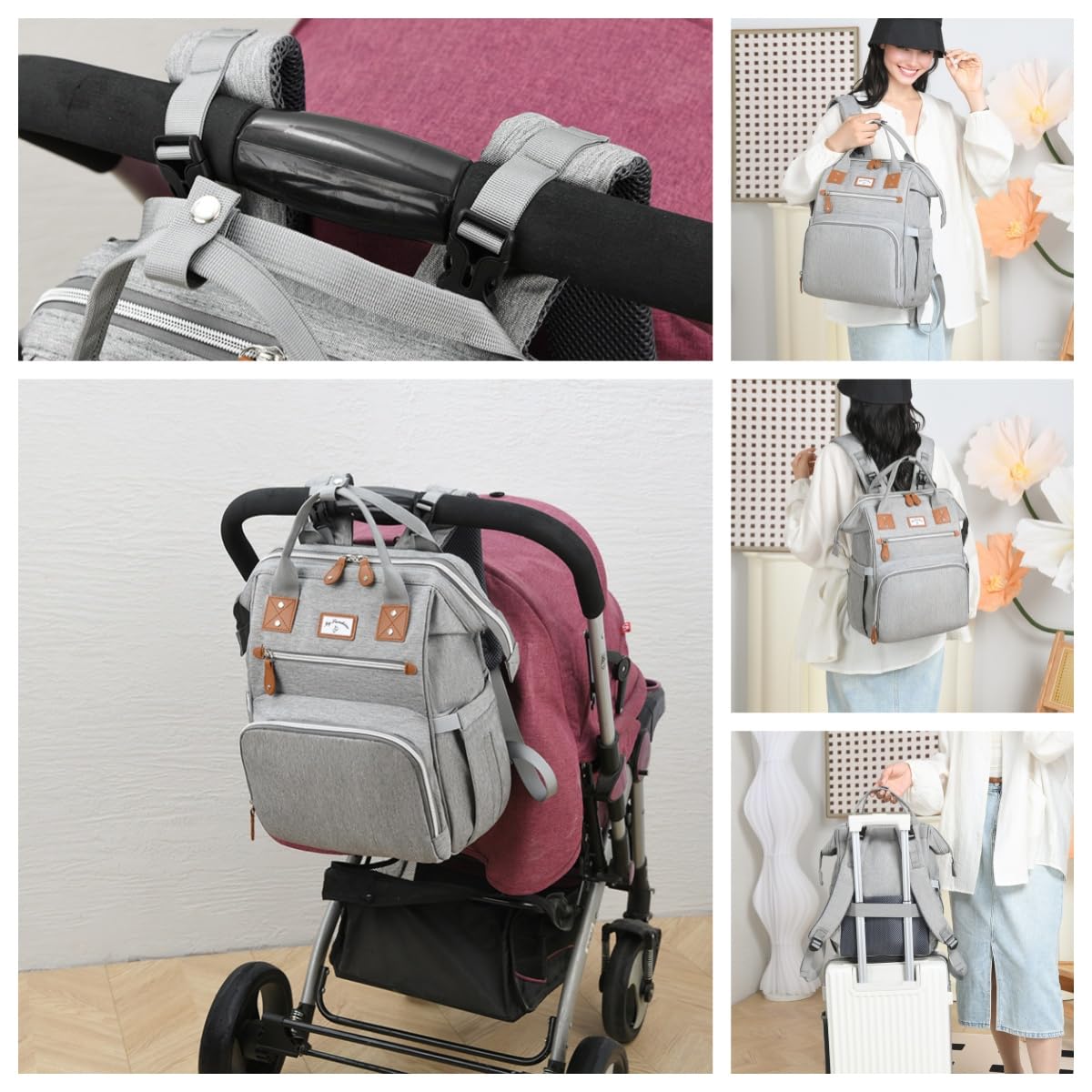 Zaino fasciatoio grande con fasciatoio e borsa termica, borsa fasciatoio alla moda con molto spazio, impermeabile, grande per viaggi e vita quotidiana, fissaggio per passeggino GROWZELT