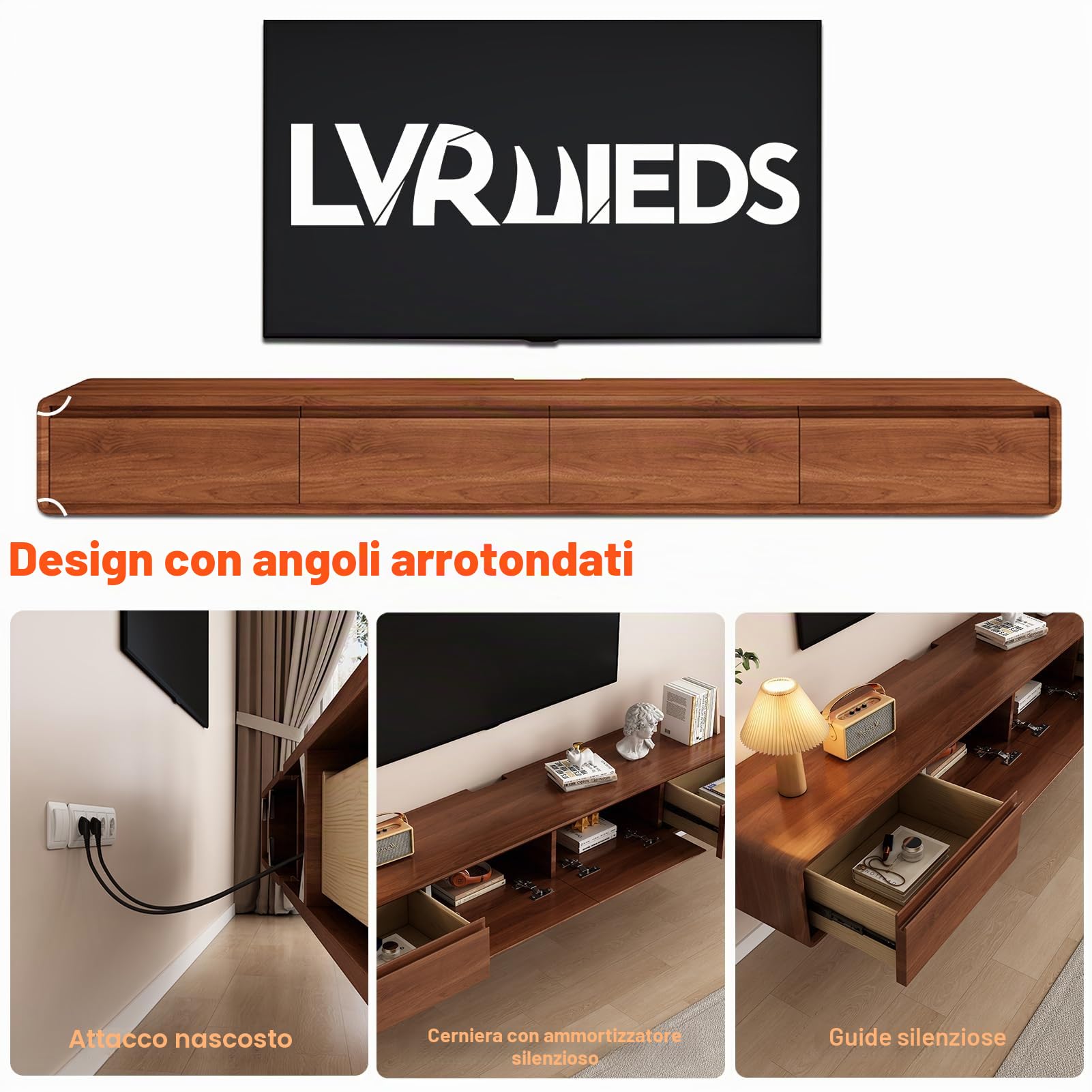 Mobile TV Sospeso - Console Multimediale a Parete con 2 Ante Ribaltabili e 2 Cassetti, Armadio TV per Intrattenimento, Mensola Video per Camera (Noce, 160 cm)