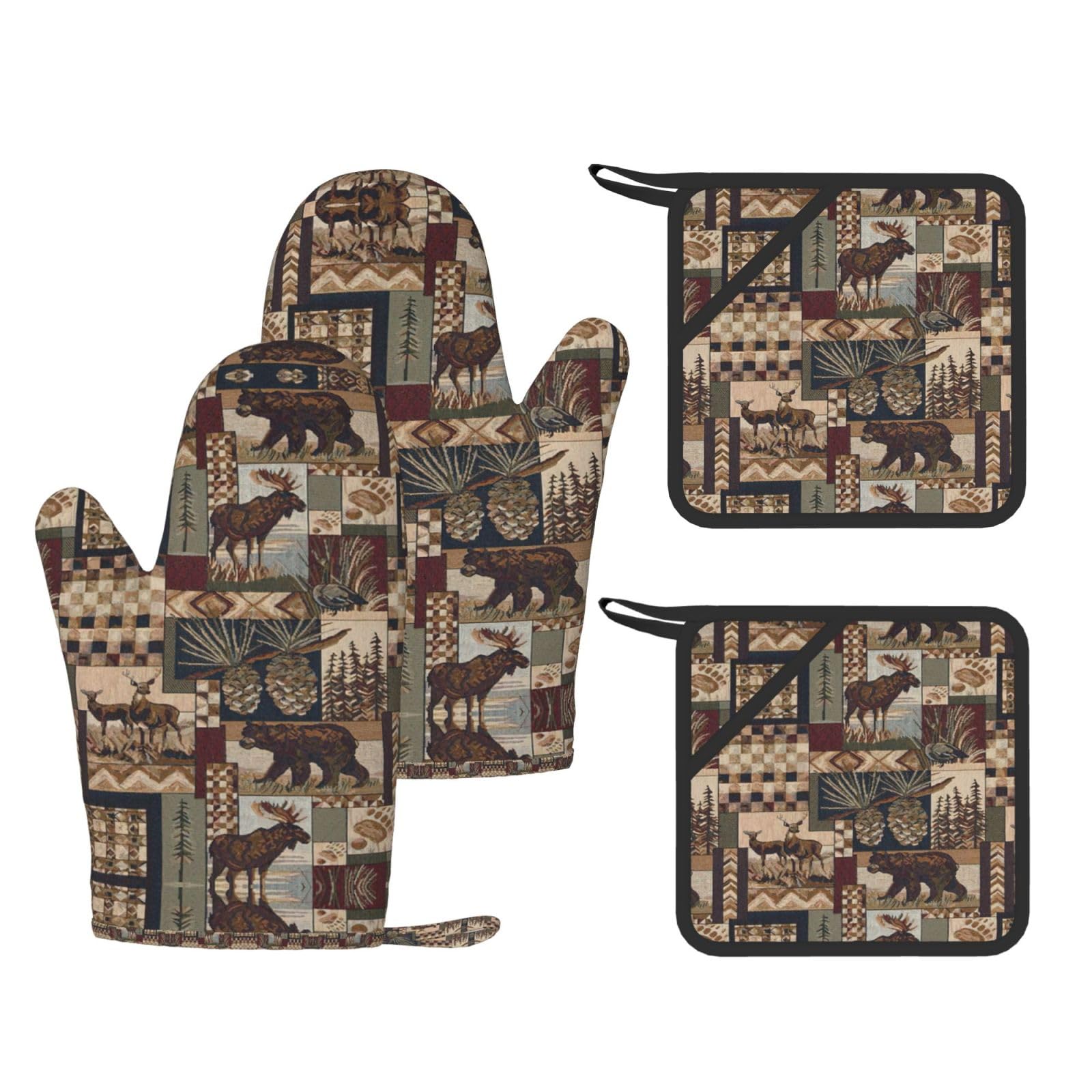 Lodge Bear Deer Printed Oven Mitts and Pot Holders Set of 4, Heat Resistant Silicone Gloves for Baking Grilling