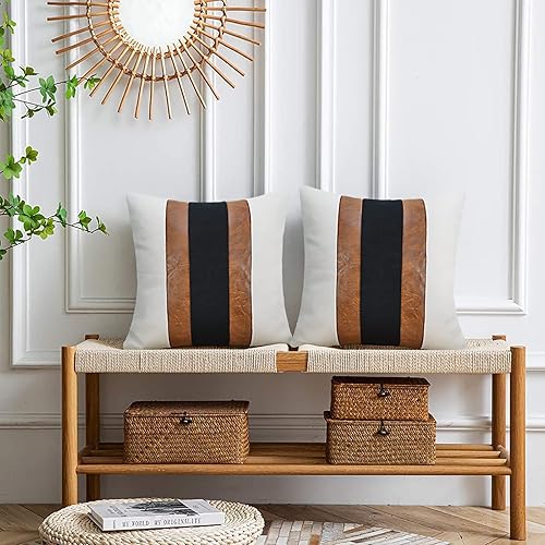 Miniatura 2 de JASEN Fundas de almohada de cuero blanco y negro, funda de almohada decorativa de piel sintética marrón, estilo bohemio, moderno, a rayas, funda de