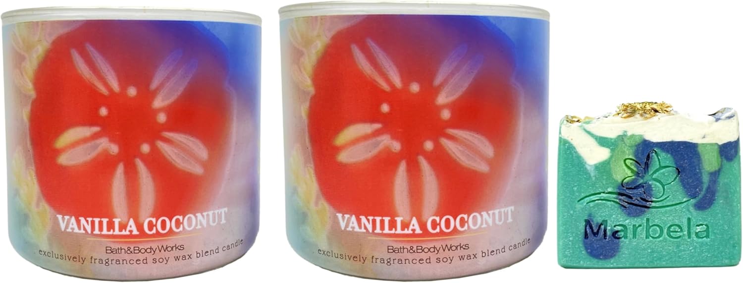 Bath & Body Works Vanilla Coconut 3-Wick Candle 2 Pack with an Aloe Vera Bar Soap