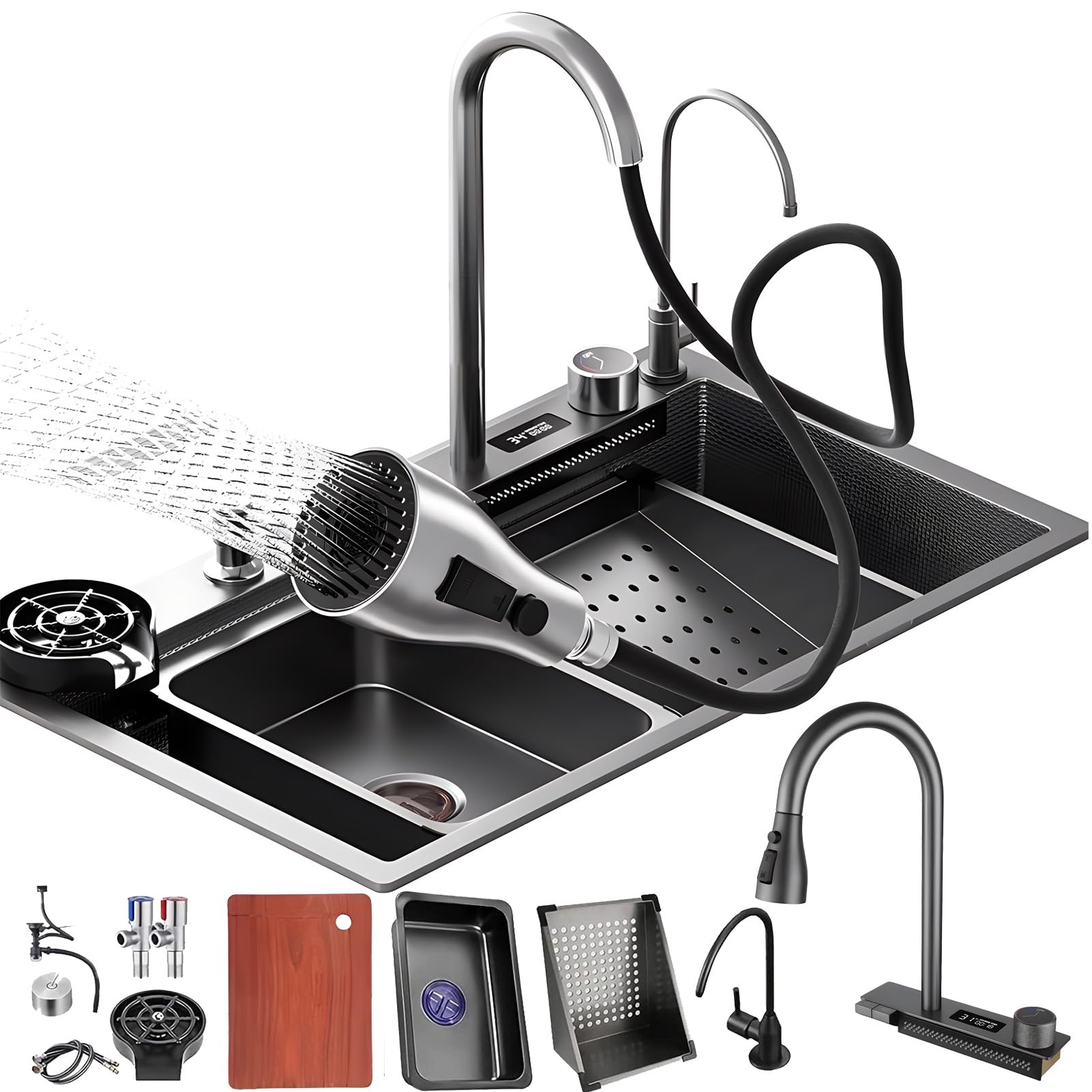 WIQUYBML Black Waterfall 65 x 50 cm Stainless Steel Sink, Multifunctional Sink - Single Bowl Workplace with Pull-Out Tap, Siphon, Overl