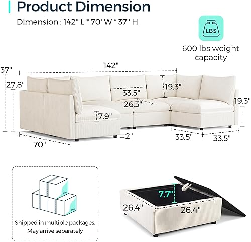 Miniatura 2 de LINSY HOME Sofá modular Cloud de gran tamaño con otomana de almacenamiento asientos extra profundos de pana para sala de estar, cómodo sofá modular