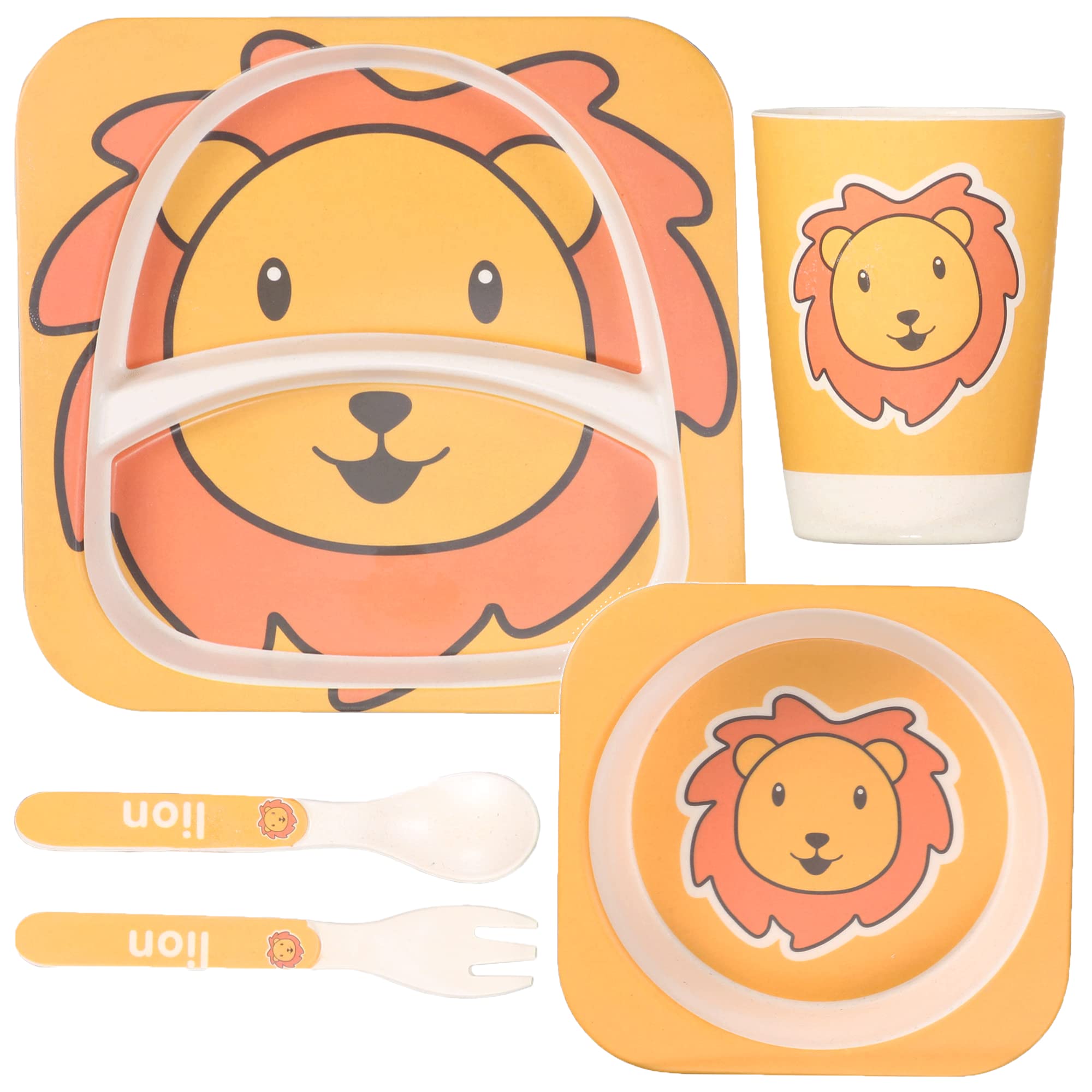 POLKA TOTS Cotton Bamboo Fiber Kids Crockery Set Having 5 Pieces - Eco Friendly (Lion Design)