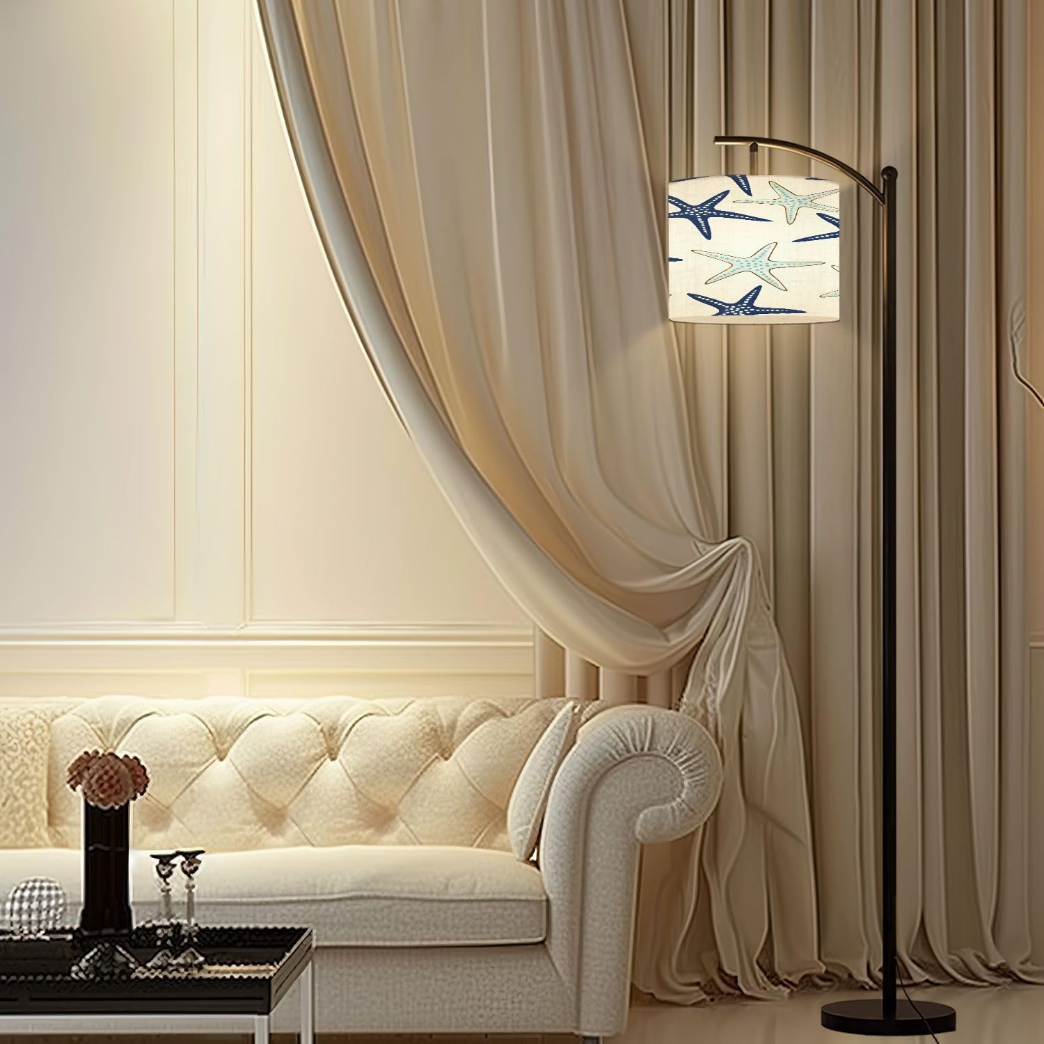 Arc Floor Lamp Coastal nautical starfish repeat pattern Navy blue turquoise white Modern Tall Standing Lamp Dimmable with Remote Adjustable Drum Shade Footswitch for Living Room Bedroom Office