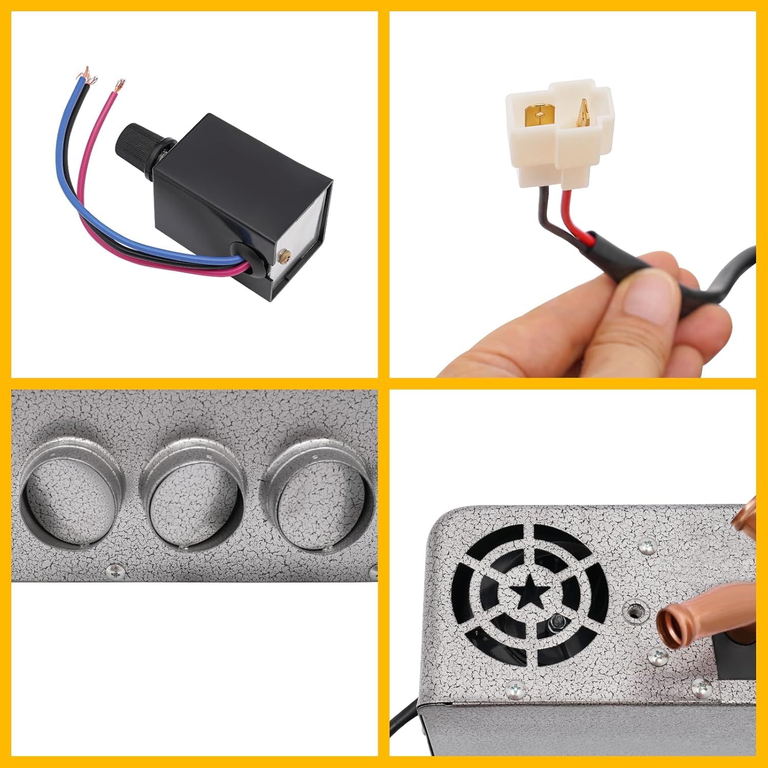Universal 12V 4 Port Under Dash Heater – Direct Replacement Copper Iron Car Heater for Trucks, Minivans, Excavators, Harvesters – Defrost Defog, Warm Feet, Powerful Blower Motor, 9.3 * 8.5 * 3.9in