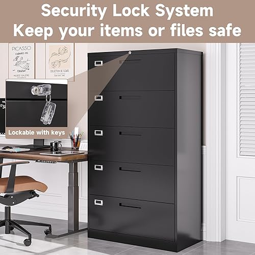 Miniatura 32 de Archivador lateral de 4 cajones con cerradura, archivadores de metal para oficina en casa, caninetes de archivos de bloqueo ancho, cabina de Negro