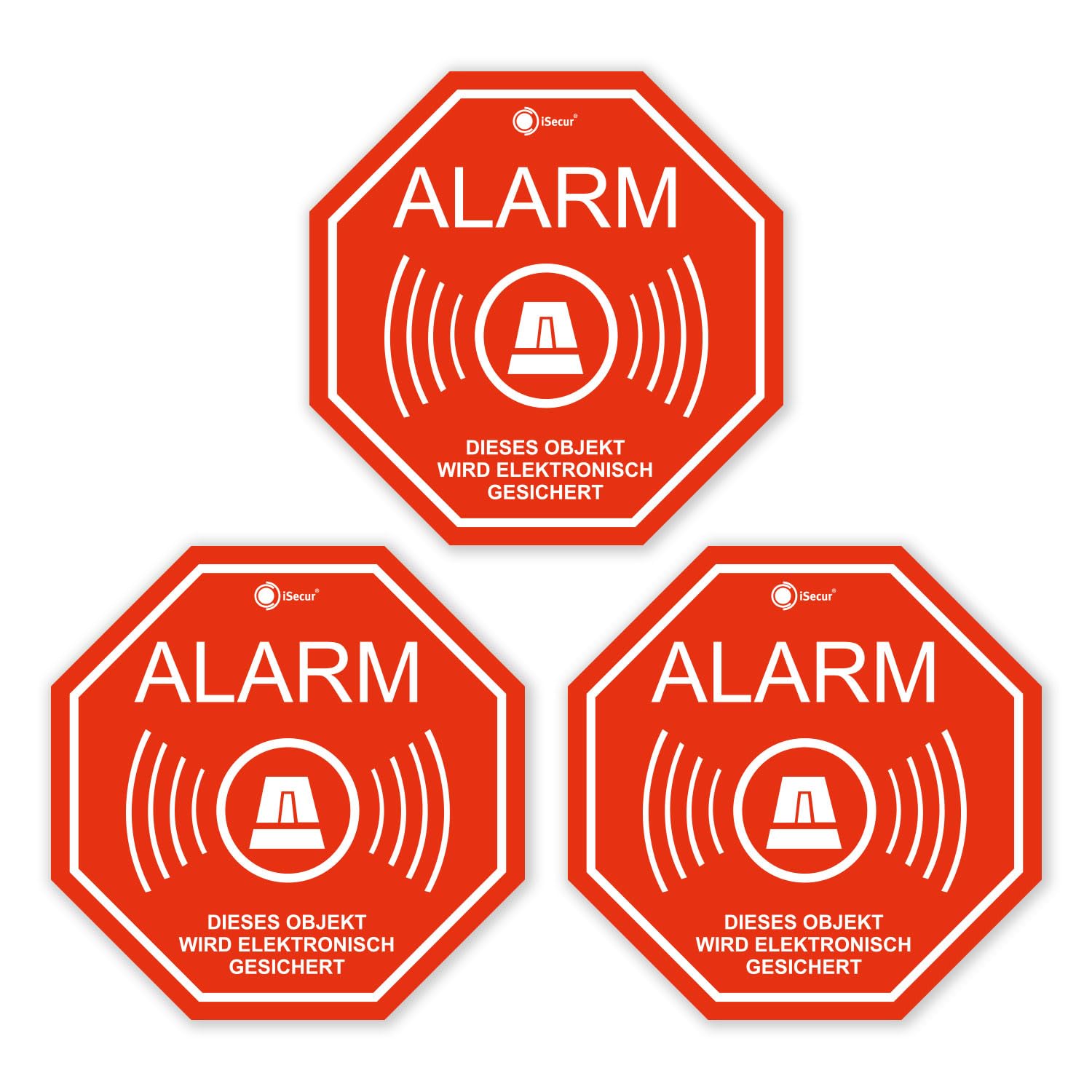 '3 pieza Pegatinas Alarma, isecurĀ®, alarmgesichert, 100 x 100 mm, art. Hin 165 _ exterior, Nota Sobre Alarma, auĆenklebend para ventanas, Hogar, Coche, Camión, diseƱo MĆ”quinas