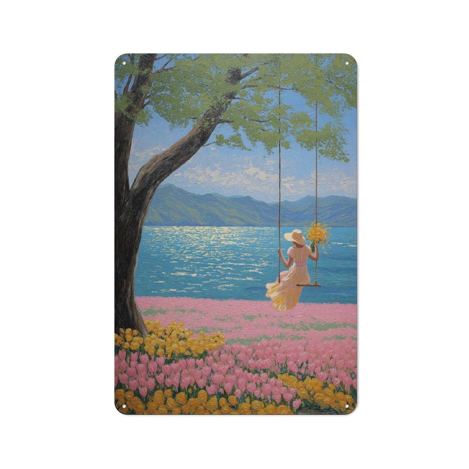 Junmoney Girls Style-6 Metal Wall Sign With On Swing By The Lake Design 30X20cm, Loft Style Studio Wall Art For Flat, Bar, Studio Or Gallery Wall