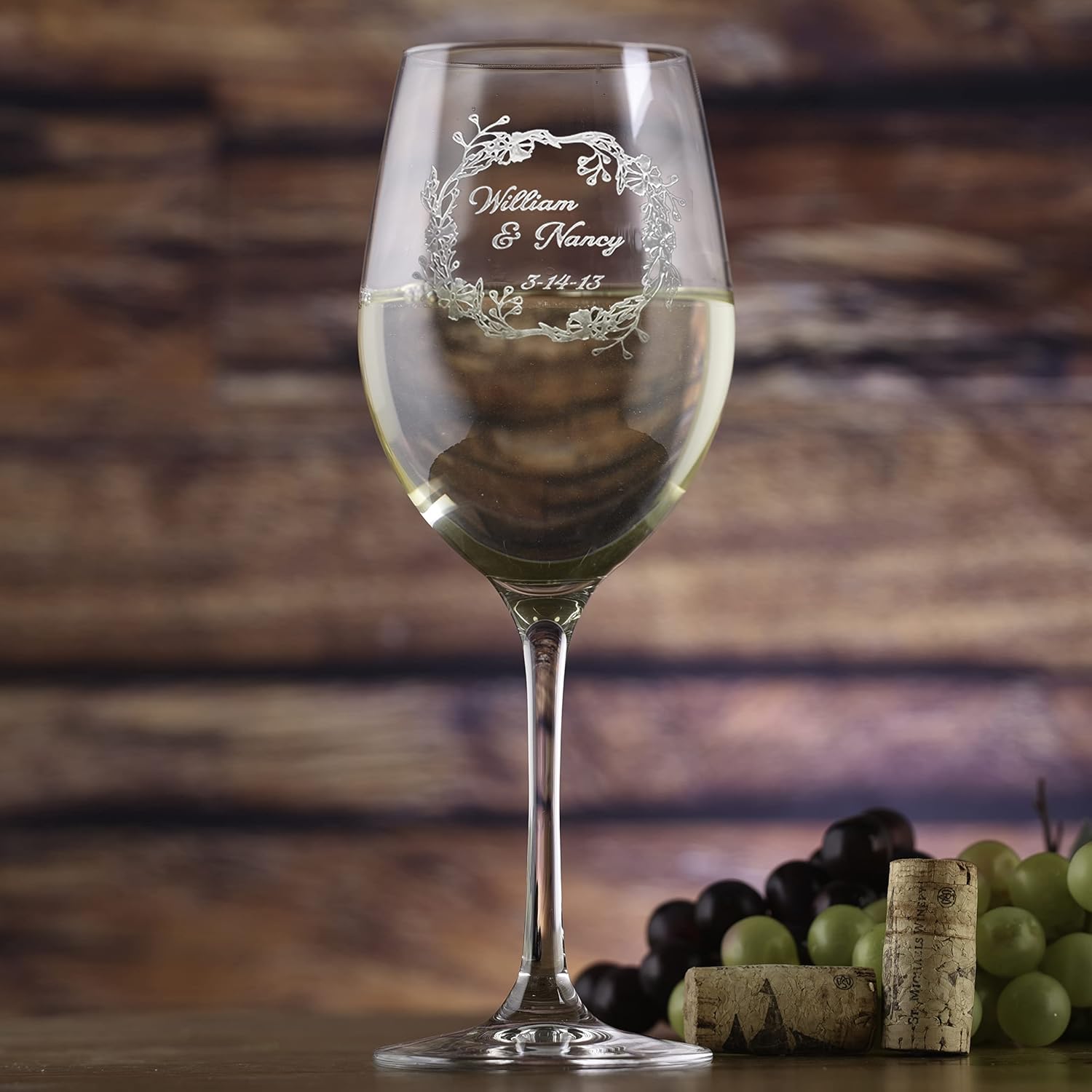 Stolzle Crystal White Wine Glass, Engraved Bride and Groom Wreath With Date Glasses (Single 1)