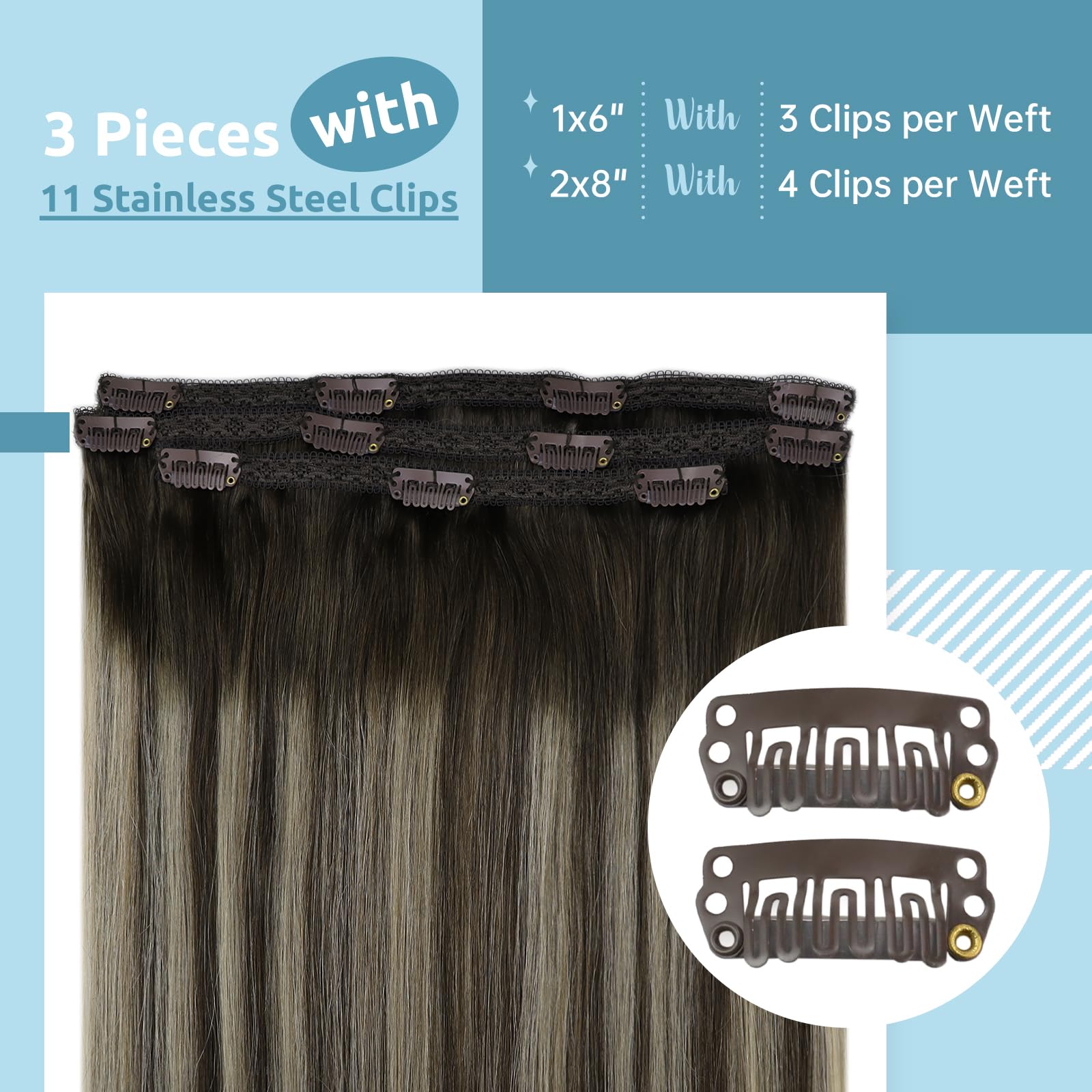 Fshine Clip in Hair Extension 35.5cm 50g 3pcs Balayage Marrone Scuro Highlights Platino Bionda Clip Capelli Veri per Bambine Prefessionale Naturali Umani Capelli