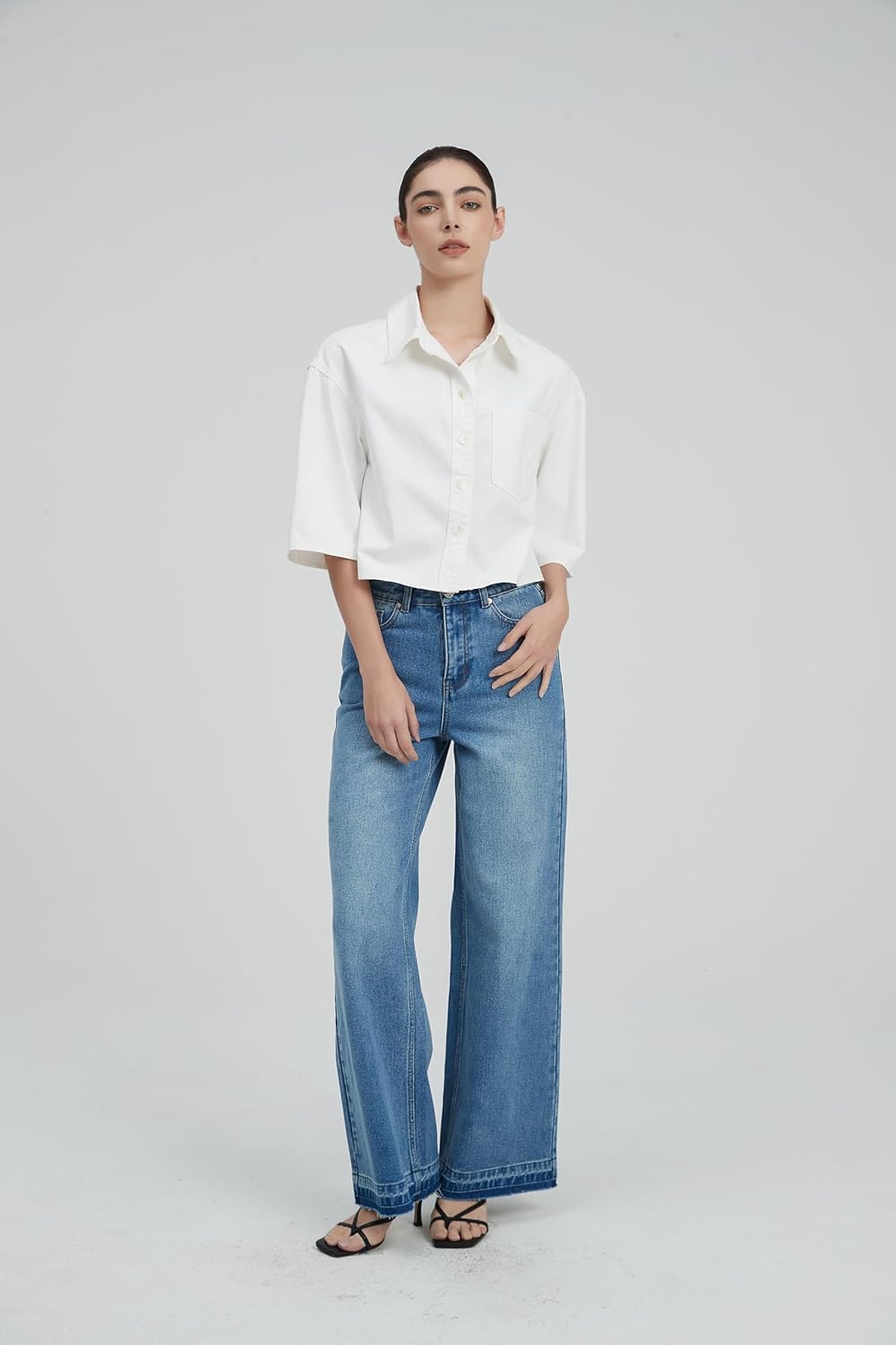 Women’s Cropped Denim Shirt Button Down Half Sleeve Casual Jean Jacket Lightweight Collared Summer Jean Top with Pocket - Image 6