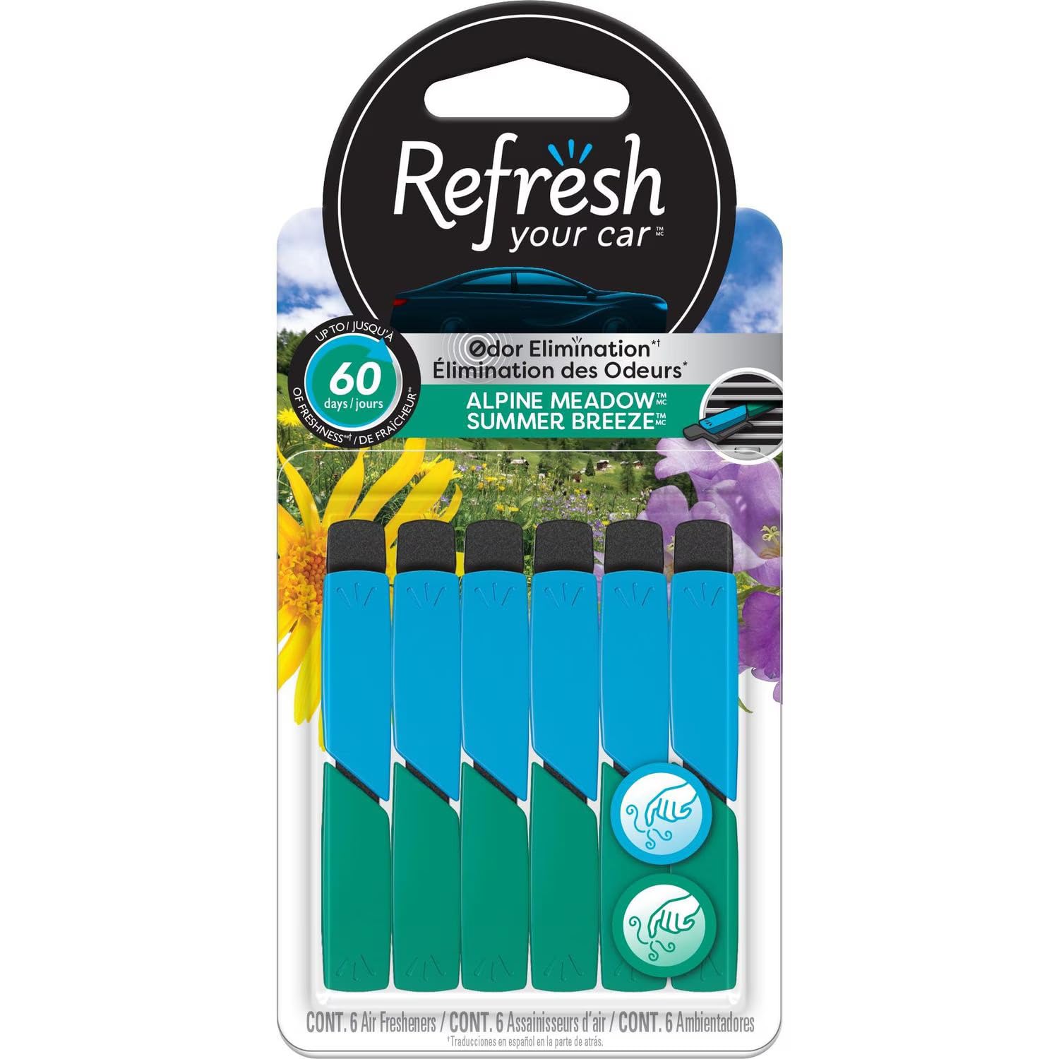 Refresh Your Car Odor Eliminating Auto Vent Stick Car and Home Air Freshener, Summer Breeze/Alpine Meadow Scent, 6 Sticks