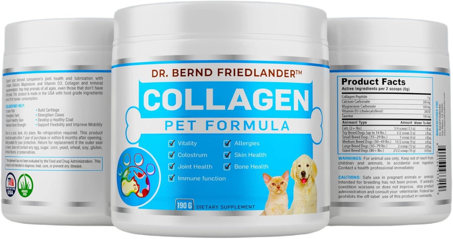 Collagen Pet Formula- for Dogs and Cats, Joint, Skin and Coat, Allergies and Immune Support- Grass fed and Pasture Raised Collagen+ Colostrum, Made in The USA- by Dr. Bernd Friedlander